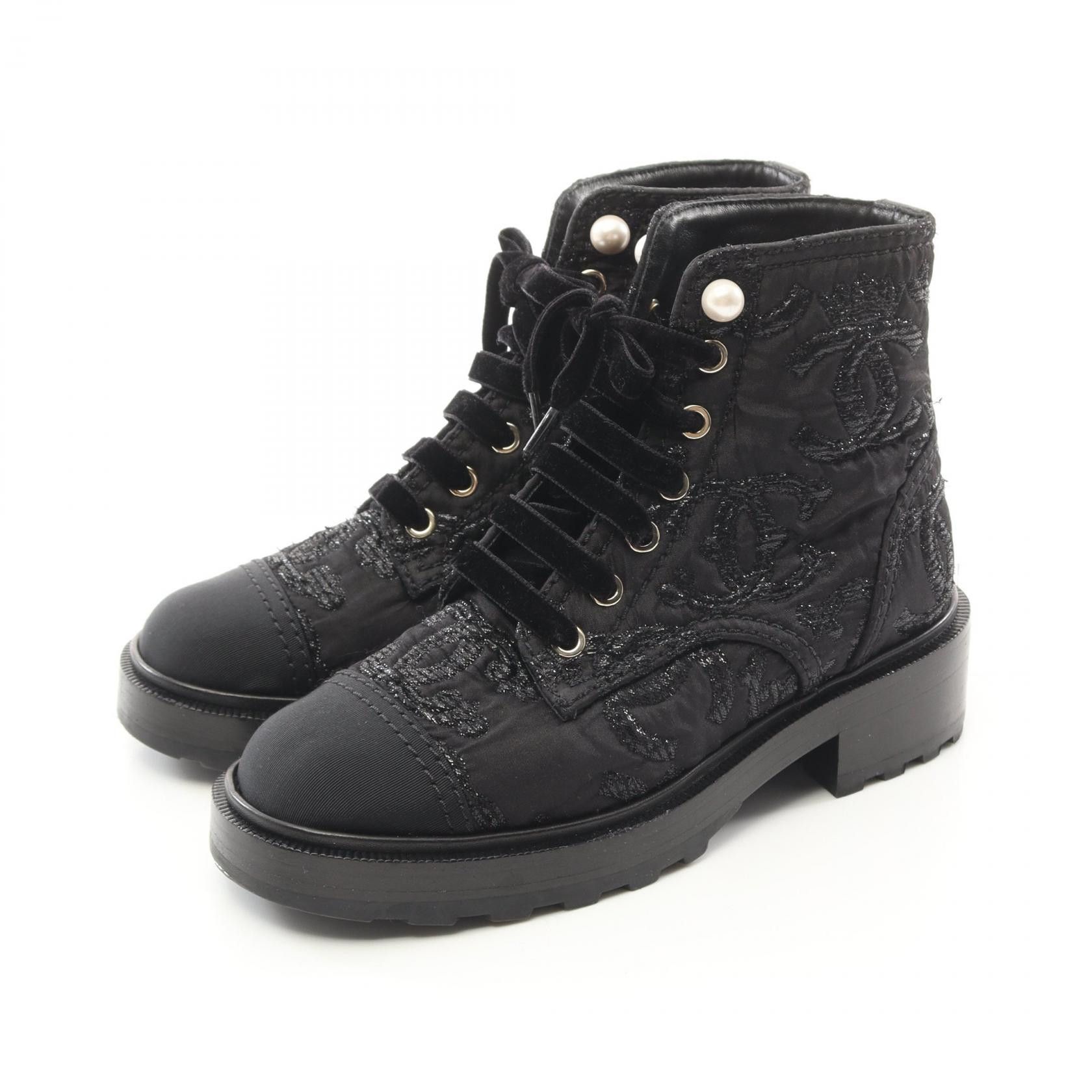 Chanel Chanel Coco Mark Fabric Boots Others Shoes G35154 in Black, Women's