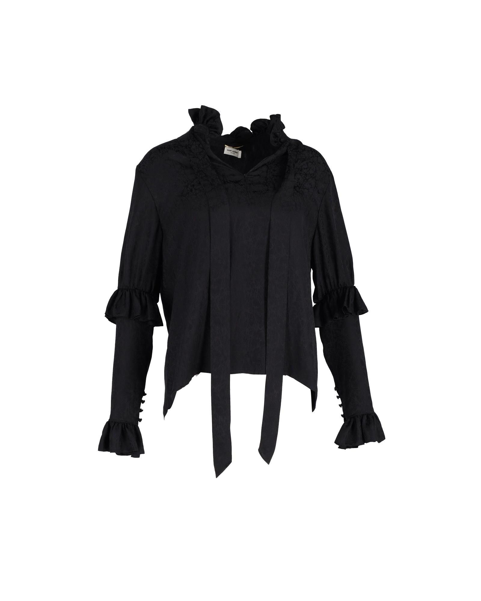 image of YVES Saint Laurent Ruffled Silk Mock-Neck Long-Sleeve Blouse in Black, Women's (Size Medium)