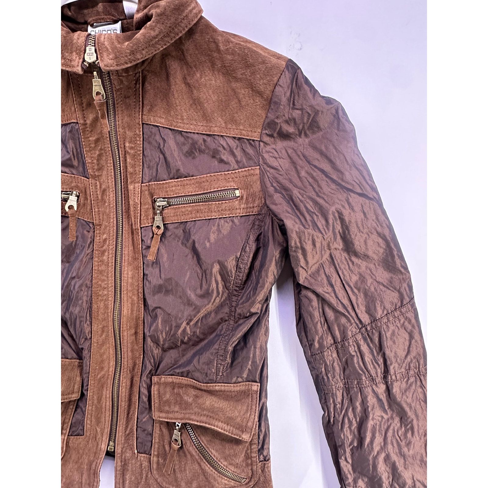 & Other Stories Vintage Chicos Brown Leather Suede Trim Nylon Jacket Size 0 Size XS / US 0-2 / IT 36-38 - 4 Thumbnail