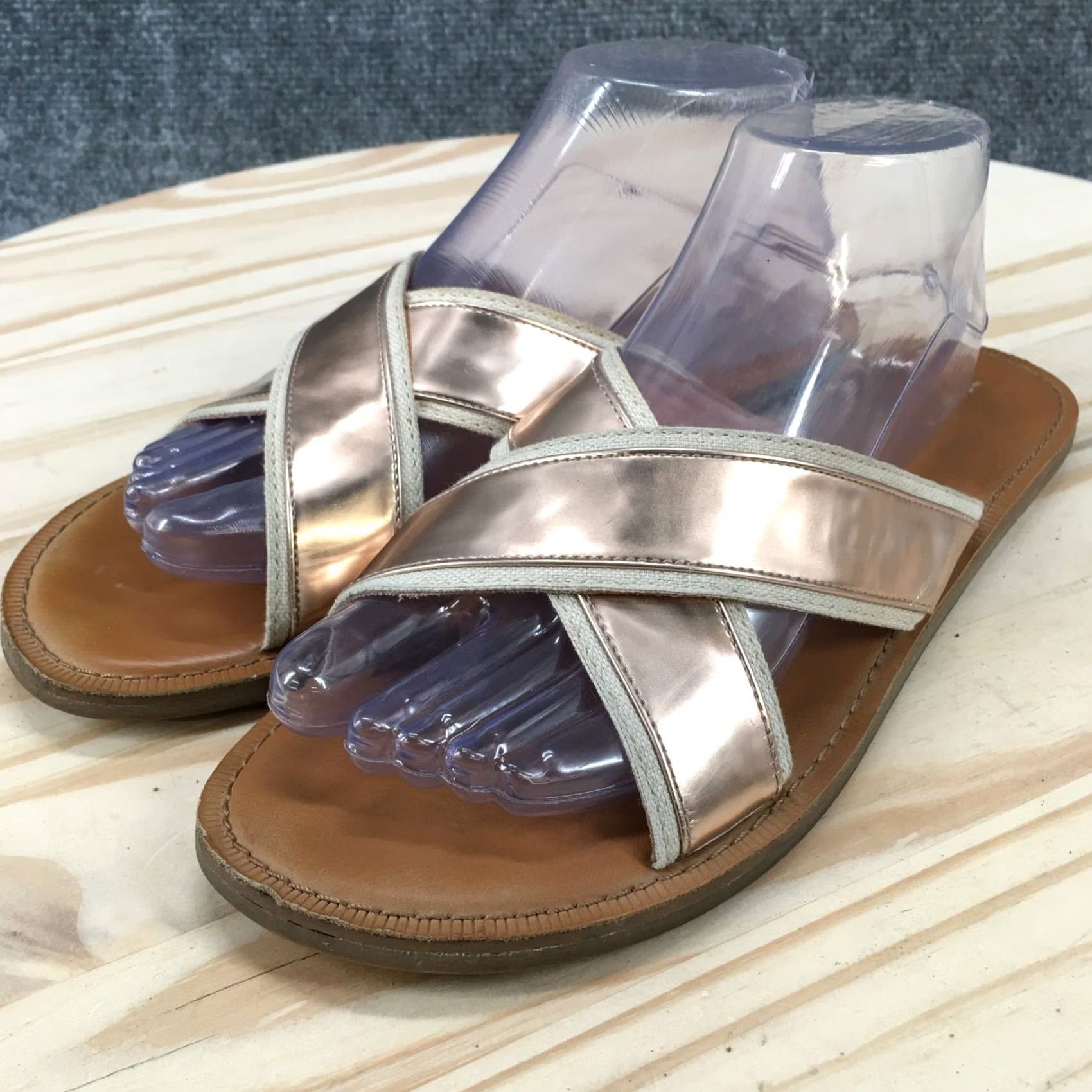 Toms TOMS Sandals Womens 9.5 Slide Crisscross Straps Slip on Flats Rose Gold Tan Shoes Womens Slide 9.5 Gold Tan Size US 10 / IT 40 - 4 Thumbnail