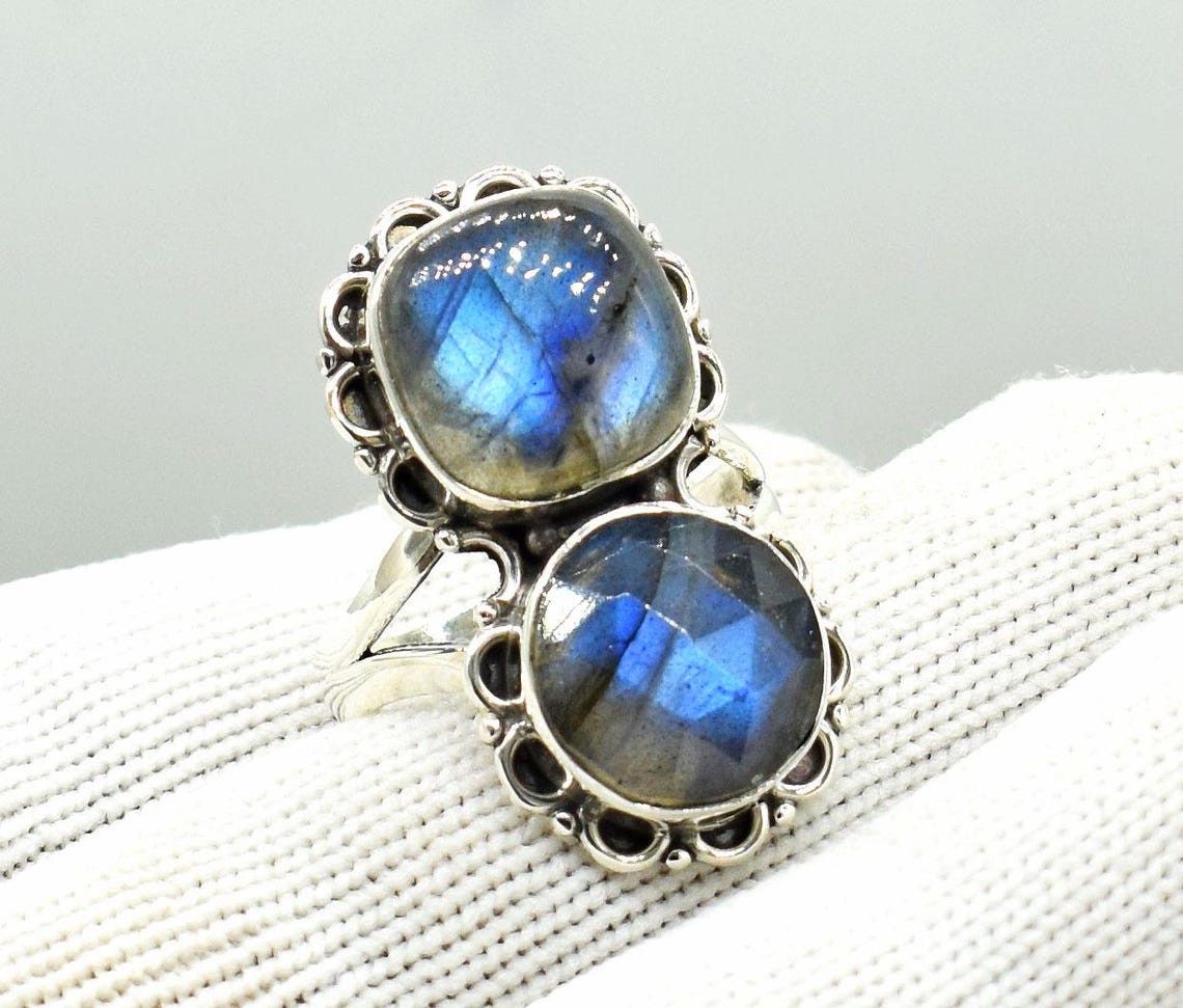 Handmade Blue Fire Labradorite 925K Silver Ring Handmade Boho Jewelry Size ONE SIZE - 2 Thumbnail