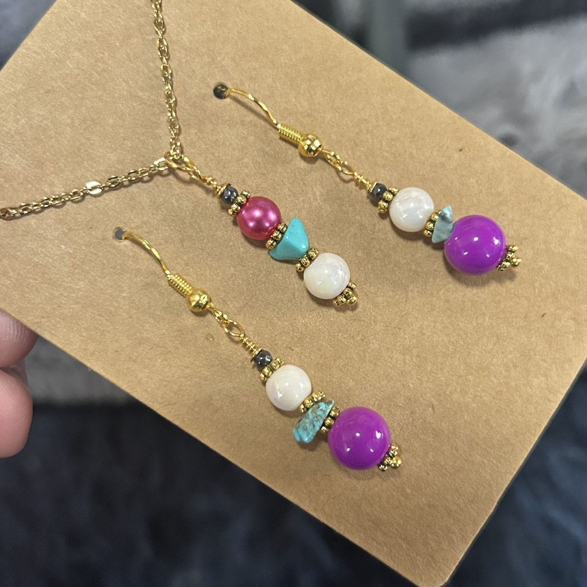 Handmade Handcrafted elegant pearl art glass turquoise chip bead set Size ONE SIZE - 1 Thumbnail