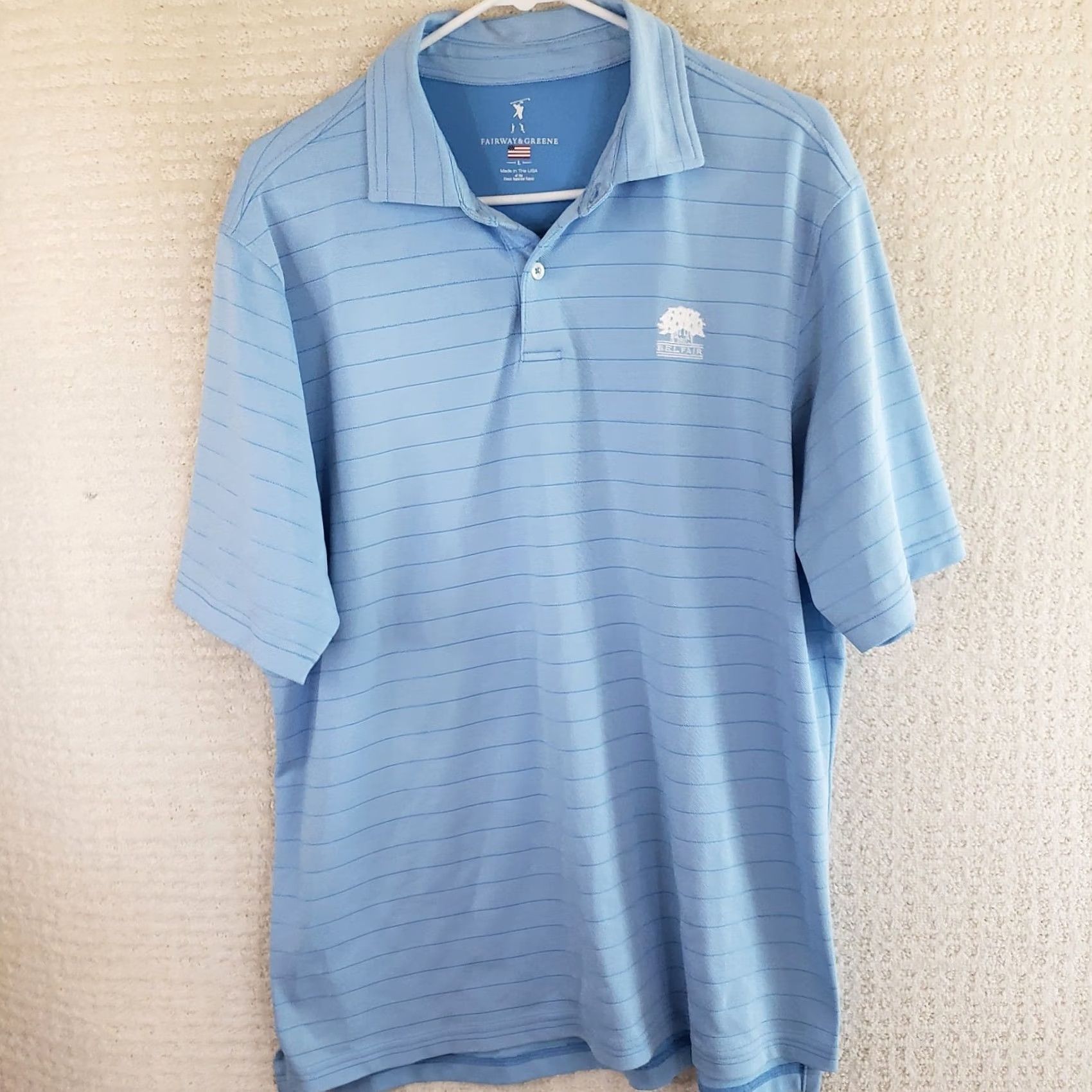 Vintage Fairway & Greene Polo Shirt Mens L Blue Stripe Belfair Logo Golf Performance Top Size US L / EU 52-54 / 3 - 2 Thumbnail