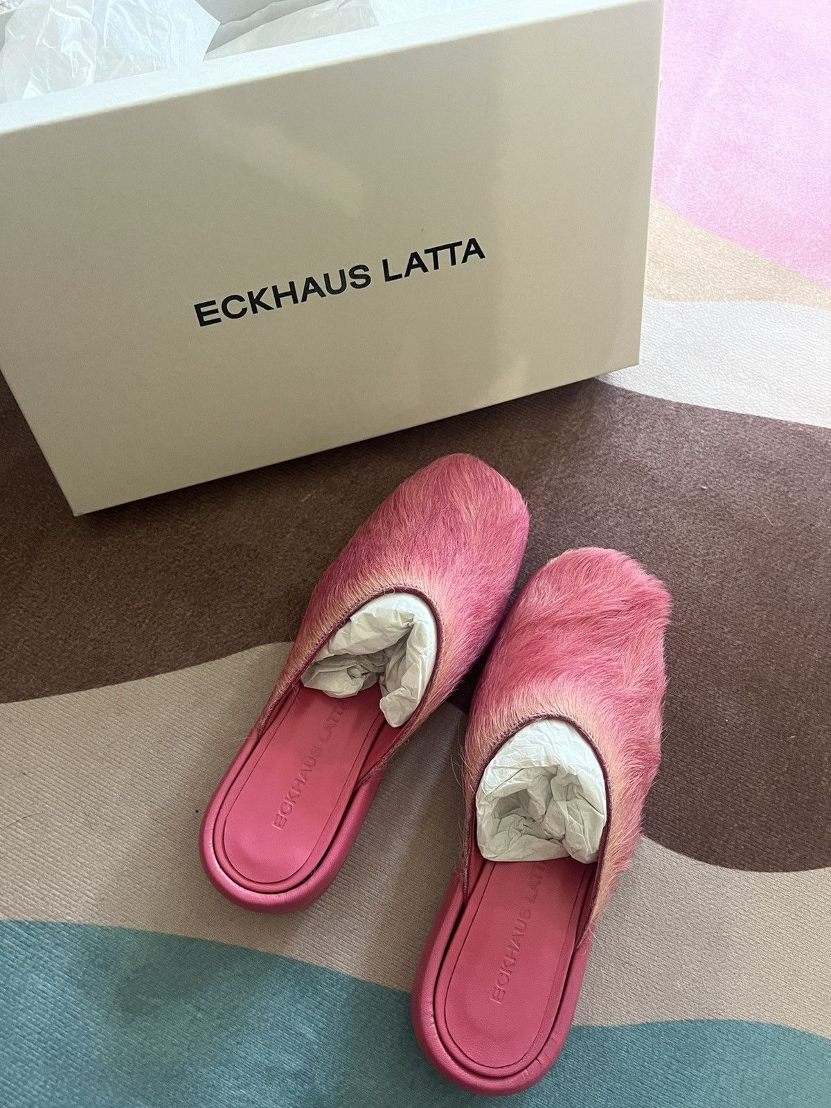 image of Eckhaus Latta Pink Moroccan Calf Hair Slides, Women's (Size 7)