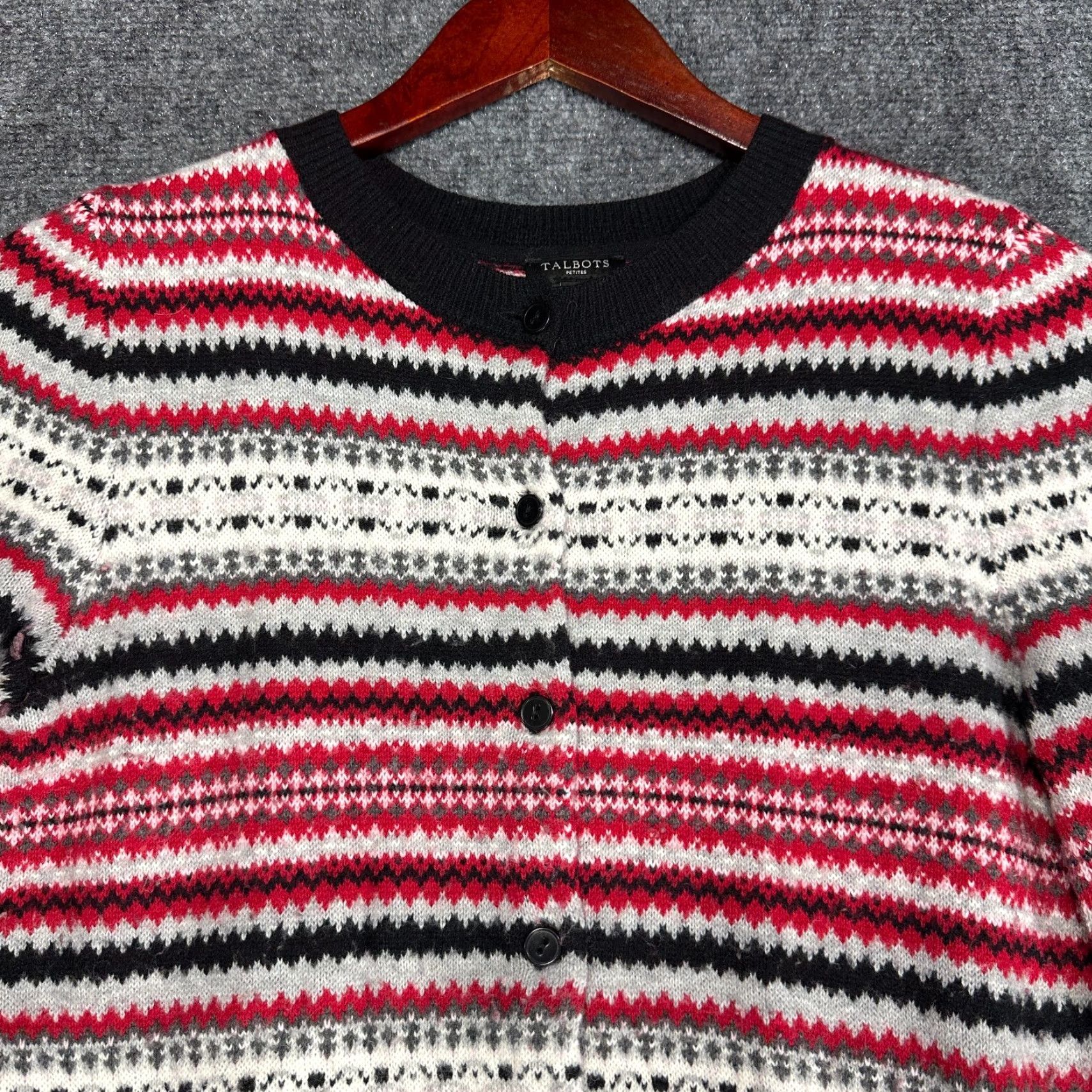 Talbots Talbots Cardigan Sweater Womens P Red Gray Black Fair Isle Lambswool Button Up Multicolor Classic Modern Knits Womens Cardigan Size S / US 4 / IT 40 - 3 Thumbnail