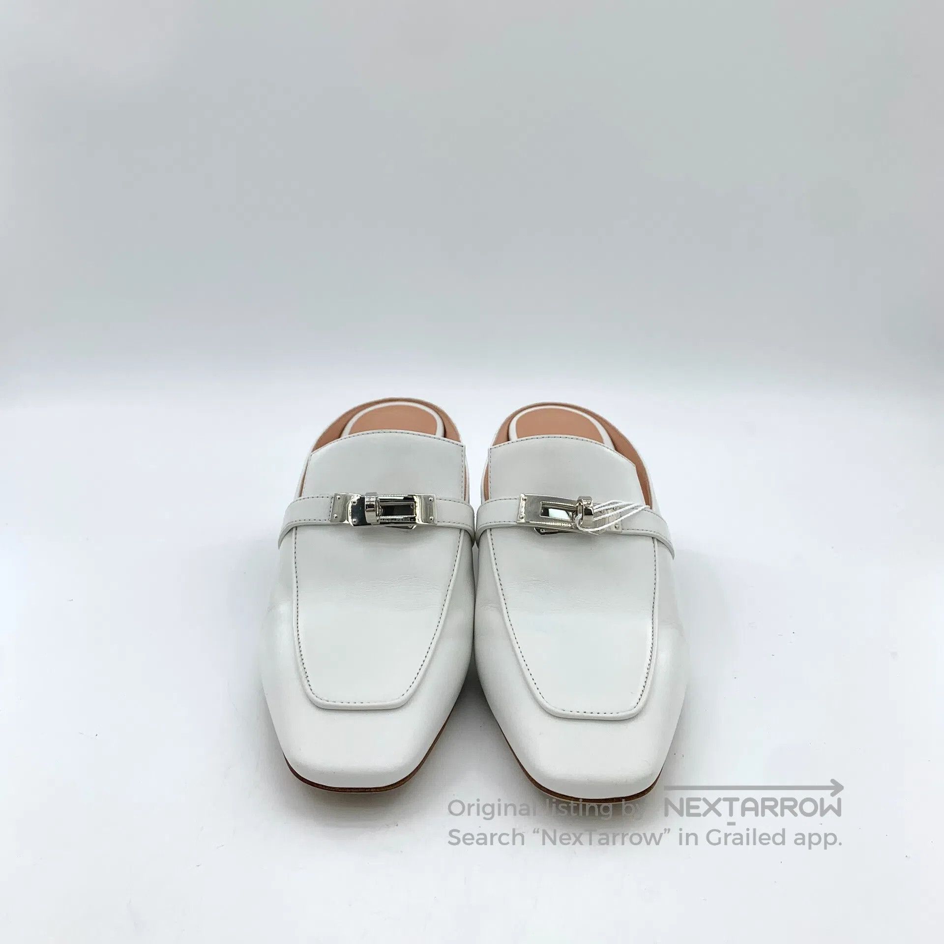 Hermes Hermes White silver buckle Mule block high-heeled shoes| Size US 7.5 / IT 37.5 - 3 Thumbnail