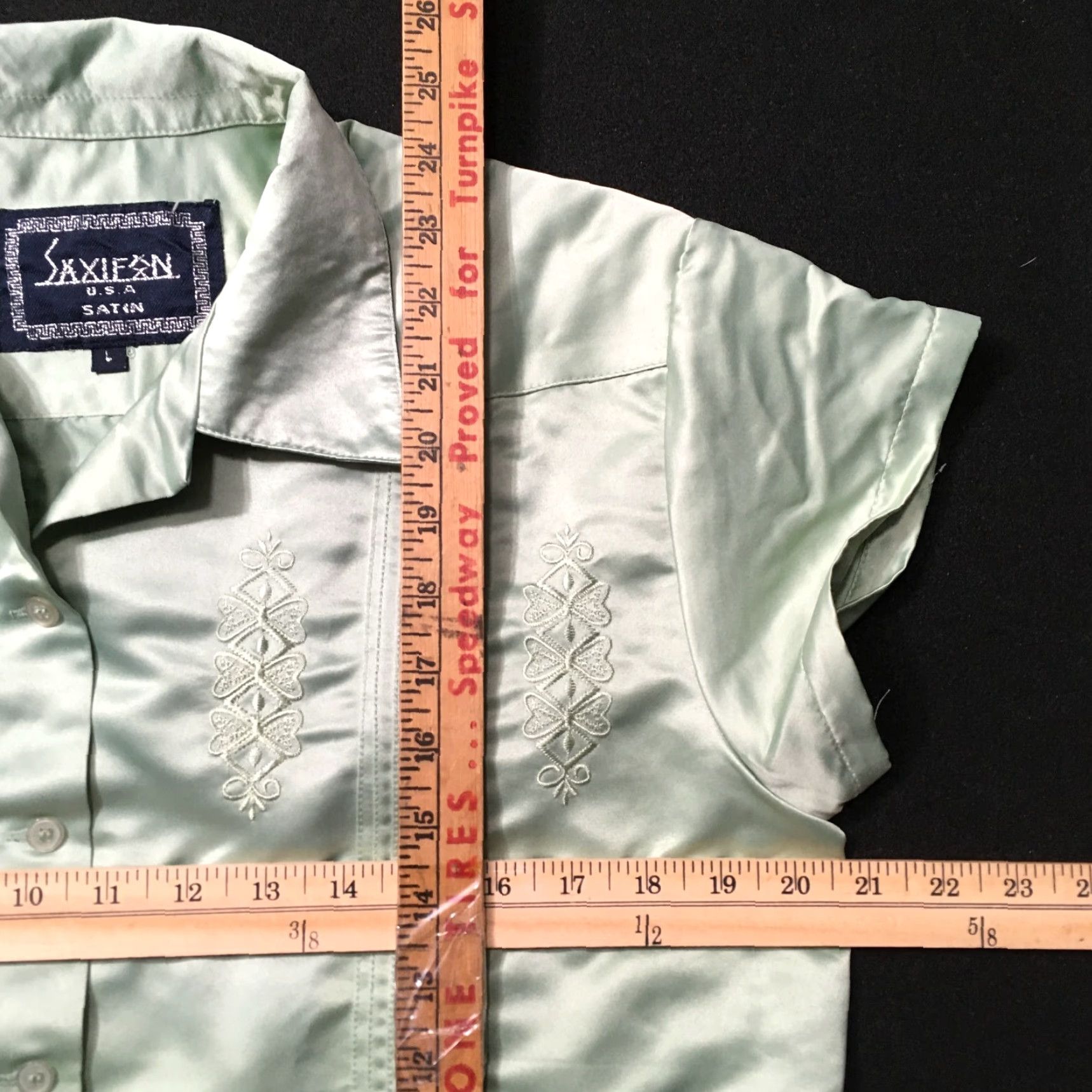 Vintage VTG SAXIFON GREEN Satin Shirt WOMENS Blouse Short Sleeve L Size L / US 10 / IT 46 - 3 Thumbnail
