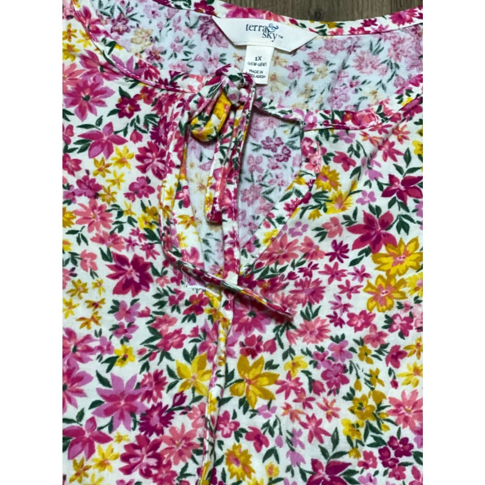 Vintage Terra & Sky Shirt Women's Plus Size 1X V-Neck Floral Short Sleeve Pullover Casual Yellow Pink Green Size XL / US 12-14 / IT 48-50 - 5 Thumbnail