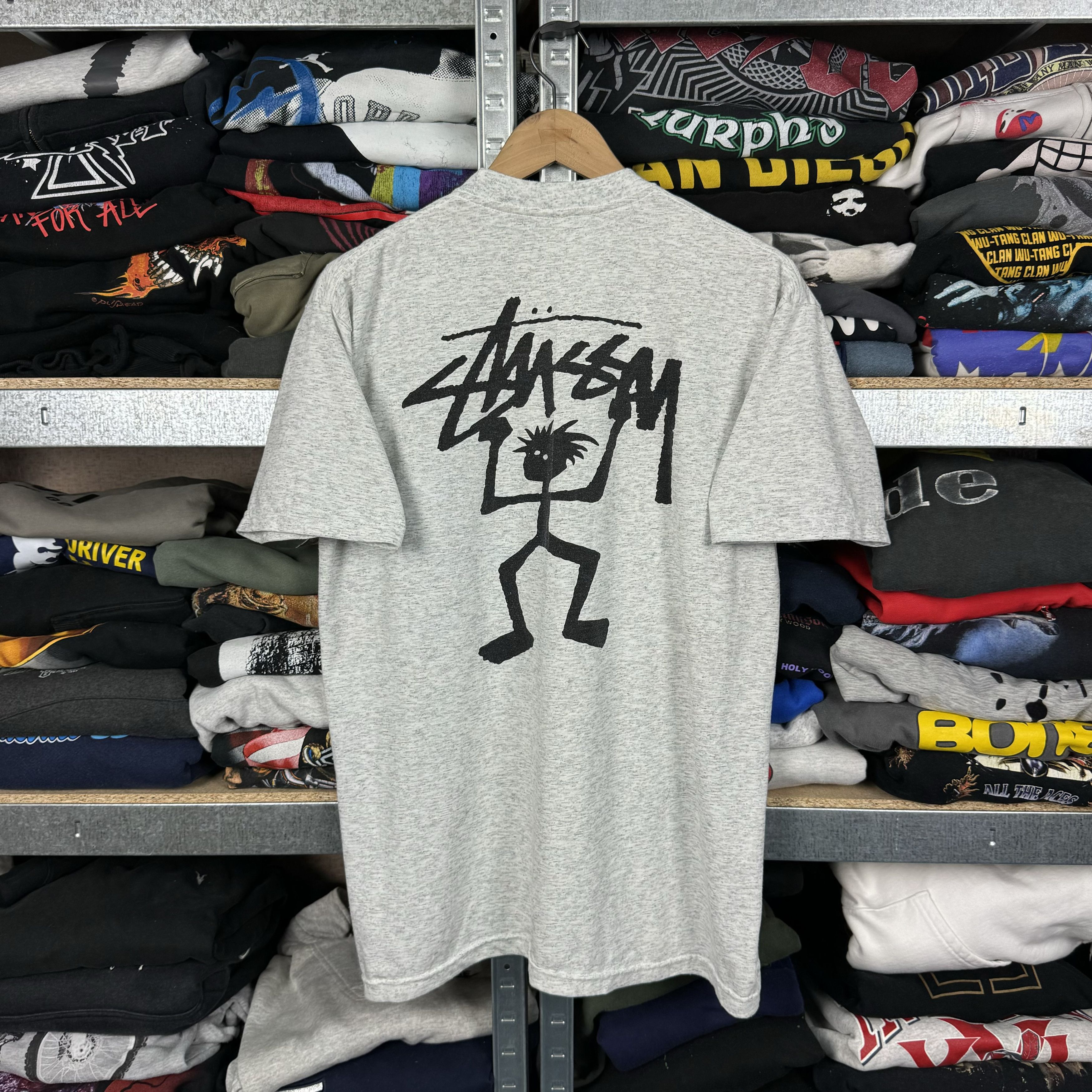 image of 90's Stussy Stickman Lombok Big Logo T-Shirt Tee XL in Grey, Men's