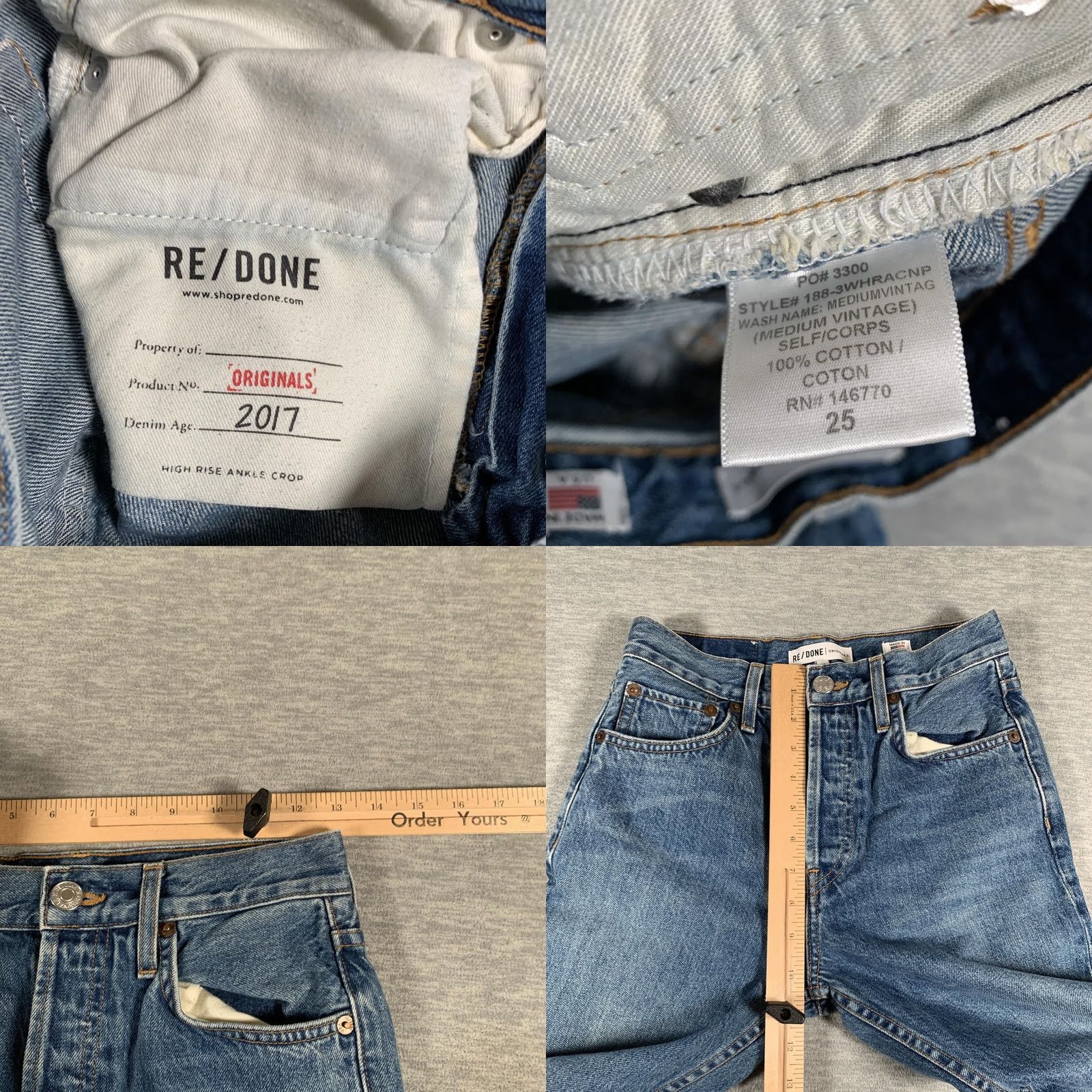 RE/DONE VINTAGE RE/DONE Jeans Womens 25 Blue Medium Wash High Rise Ankle Crop Raw Hem USA Size 42" / US 20 - 8 Thumbnail