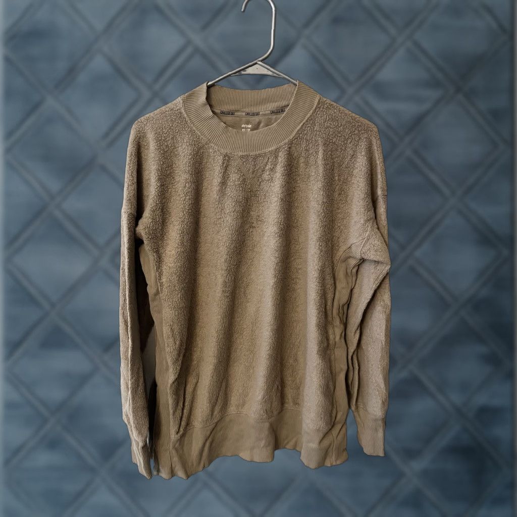 Vintage AERIE Chilled Out Oversized Pullover Sweatshirt Ribbed Split Side Tan Brown Womens XS Size XS / US 0-2 / IT 36-38 - 1 Thumbnail