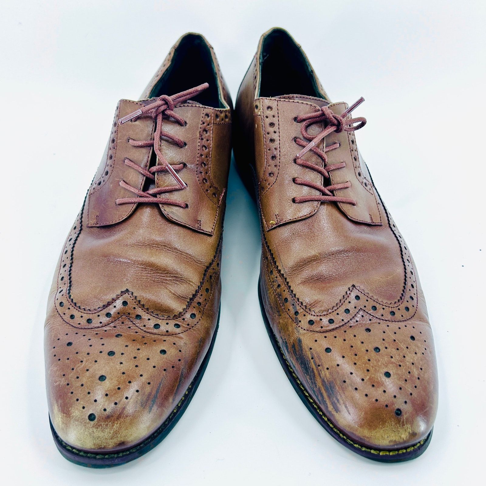 Stacy Adams Brown Tan Leather Wingtip Brogue Oxford Dress Shoes Size US 12 / EU 45 - 2 Thumbnail