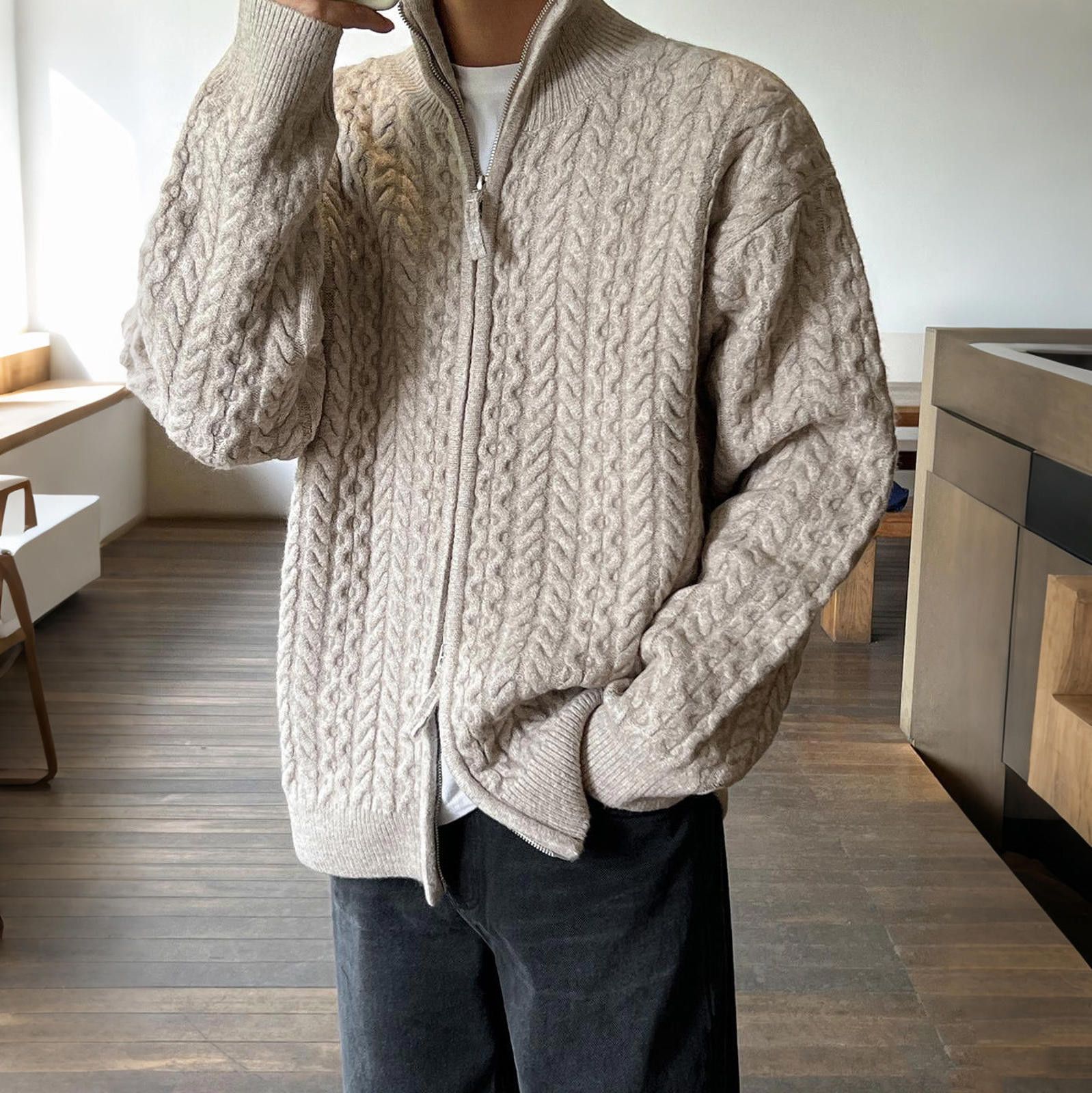 Beige Cable Knit Full Zip Sweater Relaxed Fit Sweater