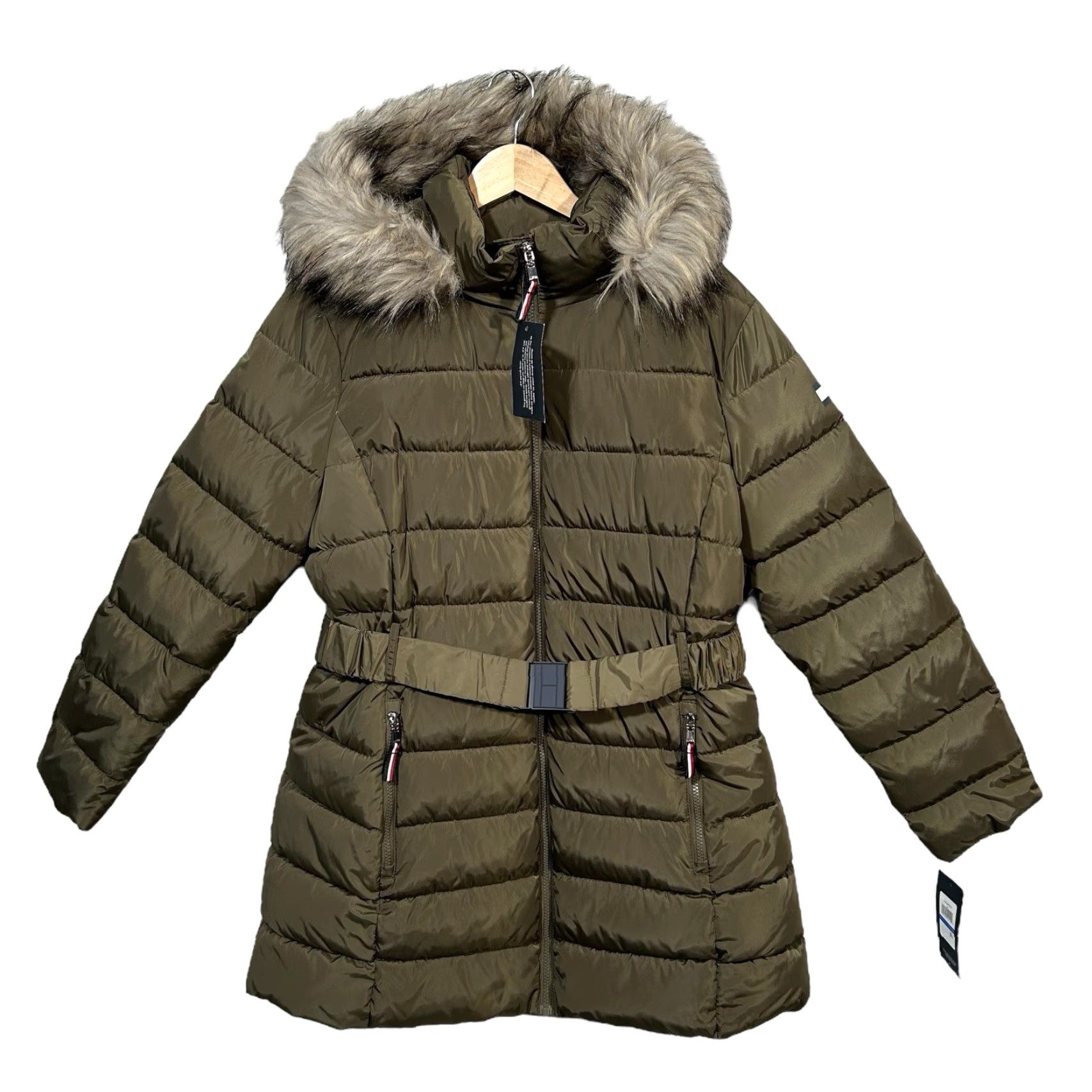 Tommy Hilfiger Tommy Hilfiger Women's Puffer Jacket Hooded Mid-Length XL Olive Green Belted Waist Full Zip Size XL / US 12-14 / IT 48-50 - 3 Thumbnail