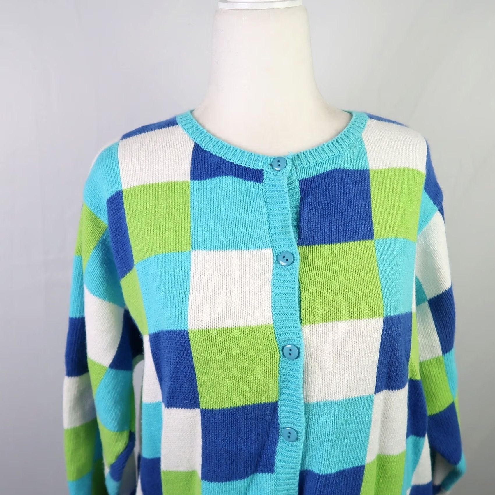 Vintage VINTAGE Y2K Blue and Green Grid Checker Print Knit Cardigan L Mens Womens Boys Girls Size L / US 10 / IT 46 - 3 Thumbnail