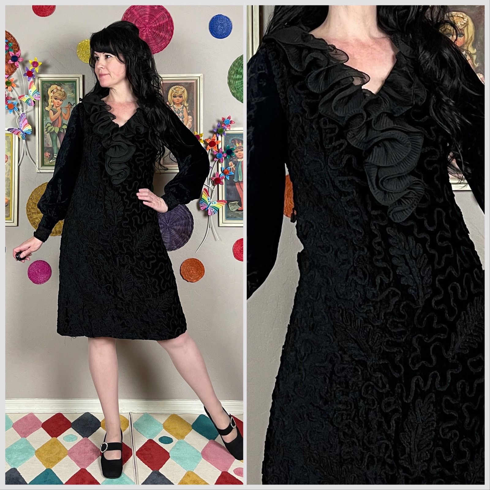 Vintage 70s Black Crushed Velvet Long Sleeve Ruffled A-Line Dress Size S / US 4 / IT 40 - 1 Thumbnail