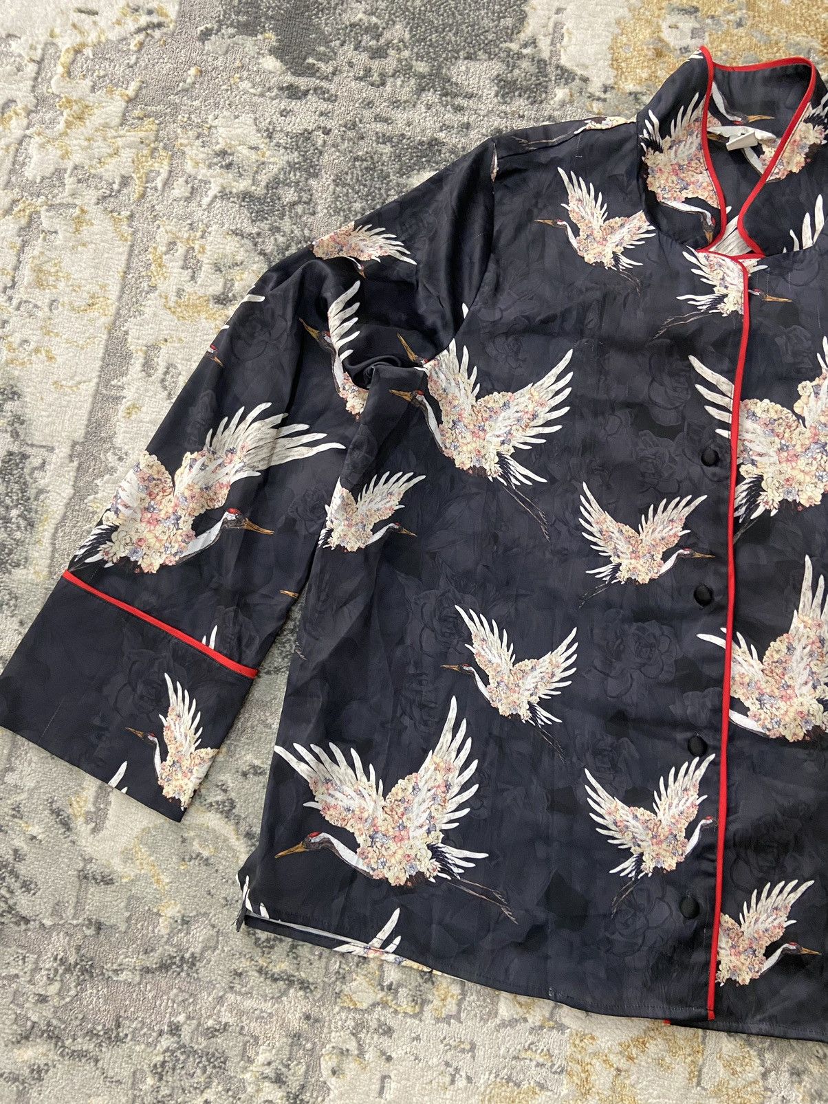 H&M KIMONO CRANES BIRDS BLOUSE PYJAMA SHIRT SILK Size L / US 10 / IT 46 - 2 Thumbnail