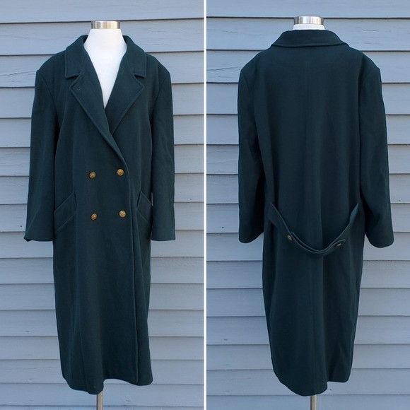 image of Vintage 80's Retro Green 100% Wool Double Breasted Trench 16, Women's (Size 2XL)