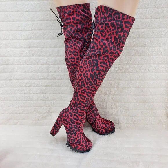 Other Fever Red Leopard Stretch Lace Up Back OTK Chunky Heel Boots Size US 7.5 / IT 37.5 - 1 Thumbnail
