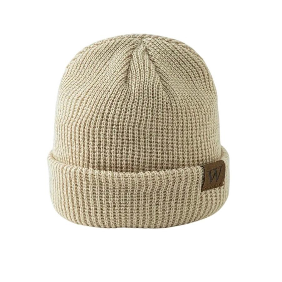 Other New Beige/Tan Knit Beanie Hat Leather "W" Patch Cuff Winter Size ONE SIZE - 1 Thumbnail