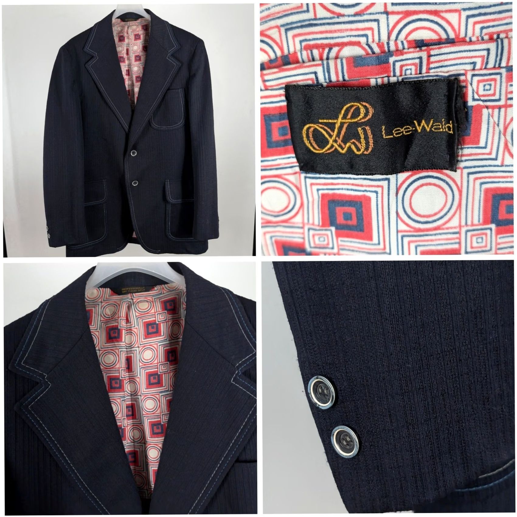 Vintage VINTAGE Lee-Wald Blazer Sport Coat Navy Textured Contrast Stitch Op Art 40R Mens Jacket Size 40R - 2 Thumbnail