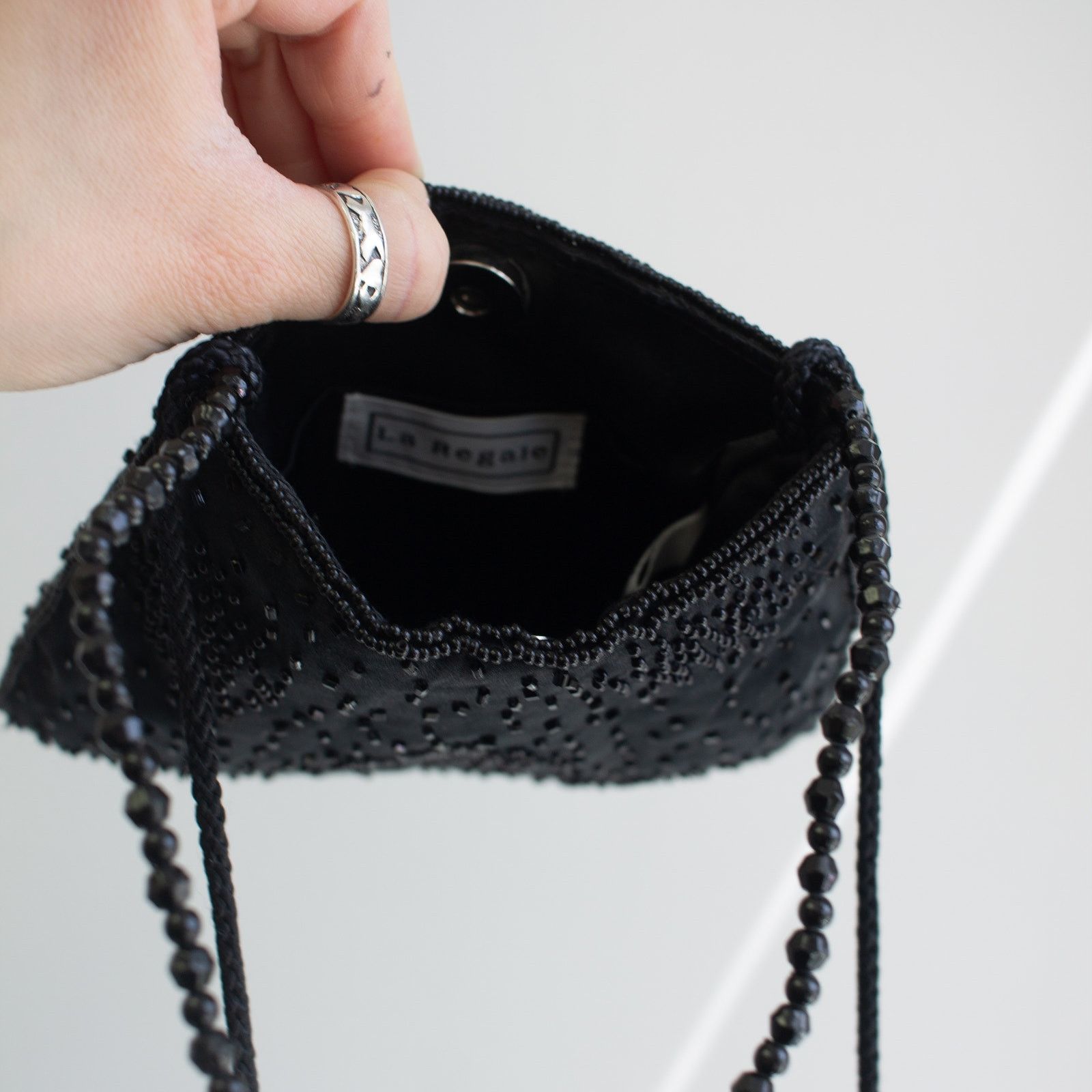 Vintage Y2K Beaded Satin Handbag with Top Handle Black Size ONE SIZE - 6 Thumbnail