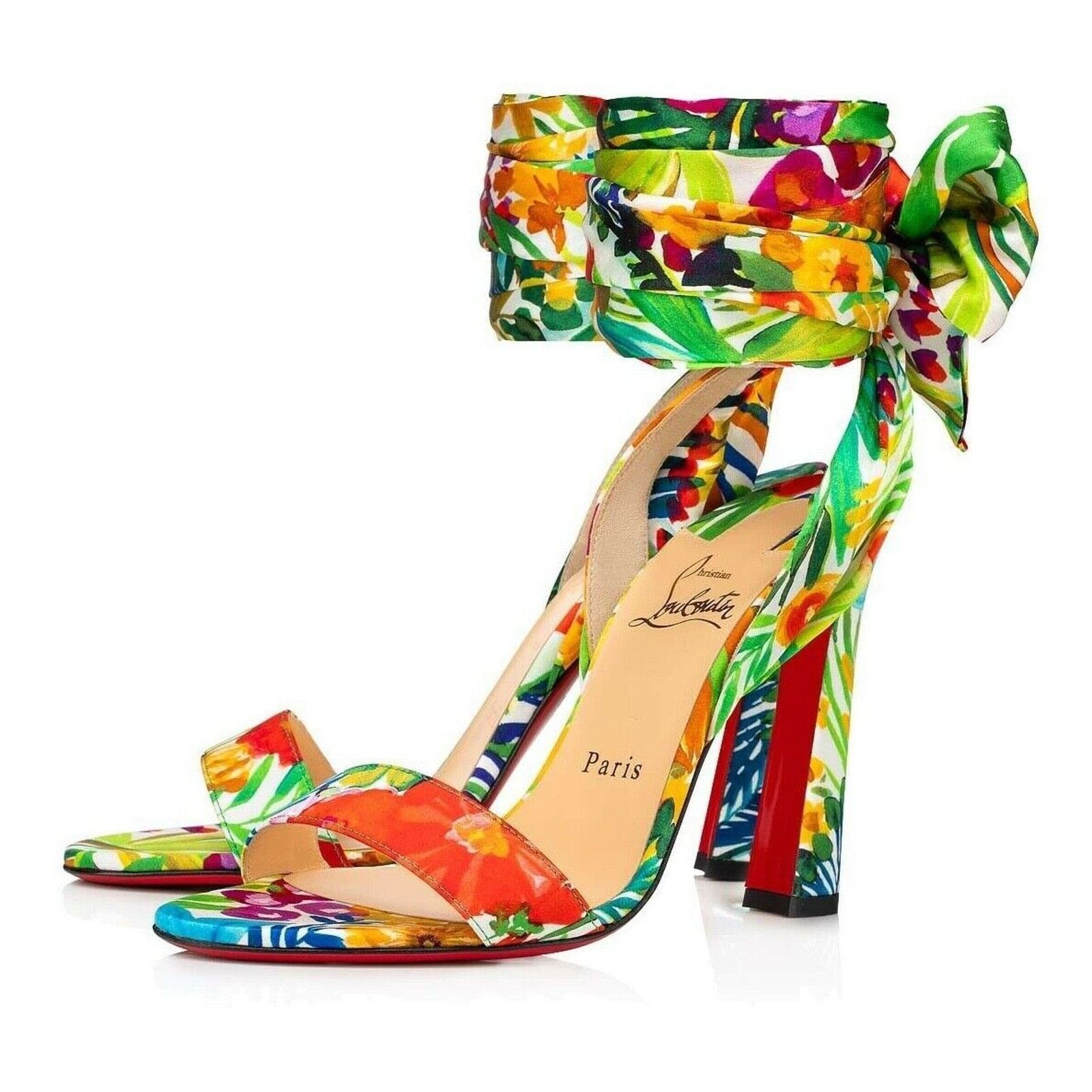 Christian Louboutin Crosse Du Desert 100 Floral Lace Up Tie Sandal Heel Pump 36 Size US 6 / IT 36 - 1 Thumbnail