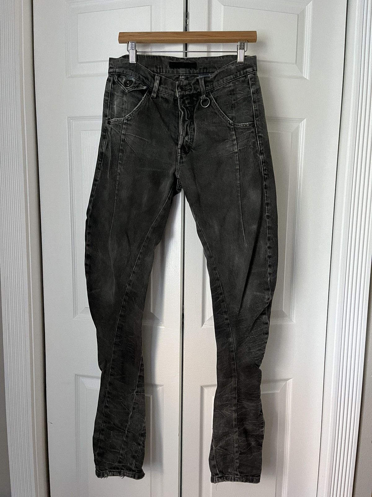 Image of Julius Archive Aw11 Halo Twisted Spiral Seam Distressed Denim Jeans in Charcoal Grey (Size 30)