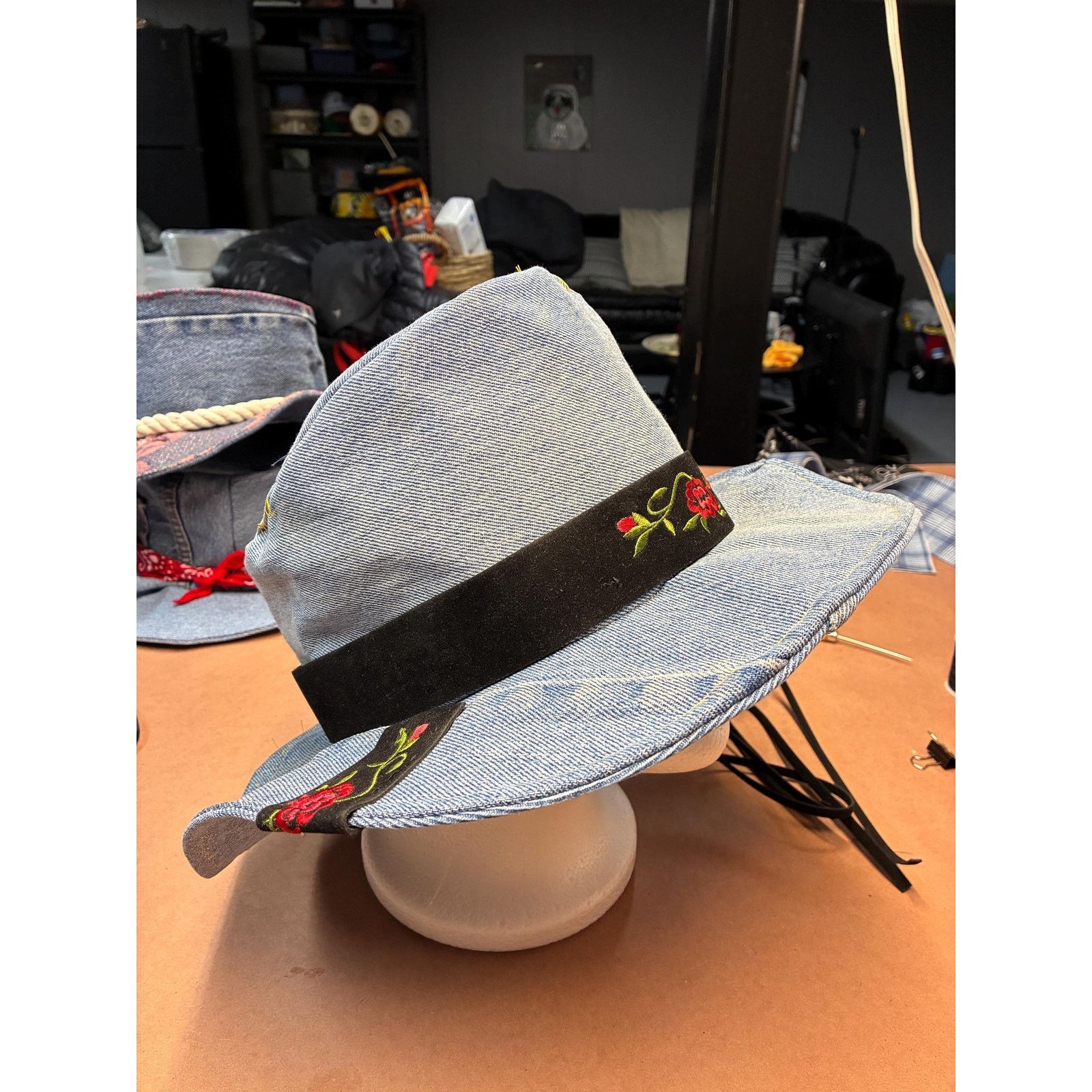 Other Upcycled Denim Western Hat — Embroidered Rose Band, Blue Size ONE SIZE - 2 Thumbnail
