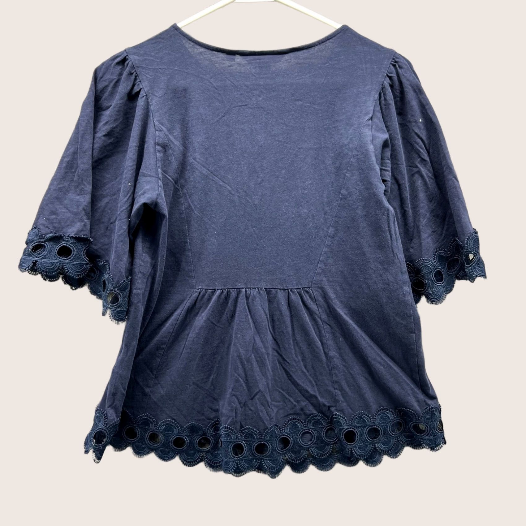 Boden Boden Blouse Womens US 6 Navy Blue Cotton Eyelet Lace Trim Boho Peasant Top Shirt Short Sleeve Pullover Regular Women 6 Blue Lace Peasant Womens Size M / US 6-8 / IT 42-44 - 1 Thumbnail