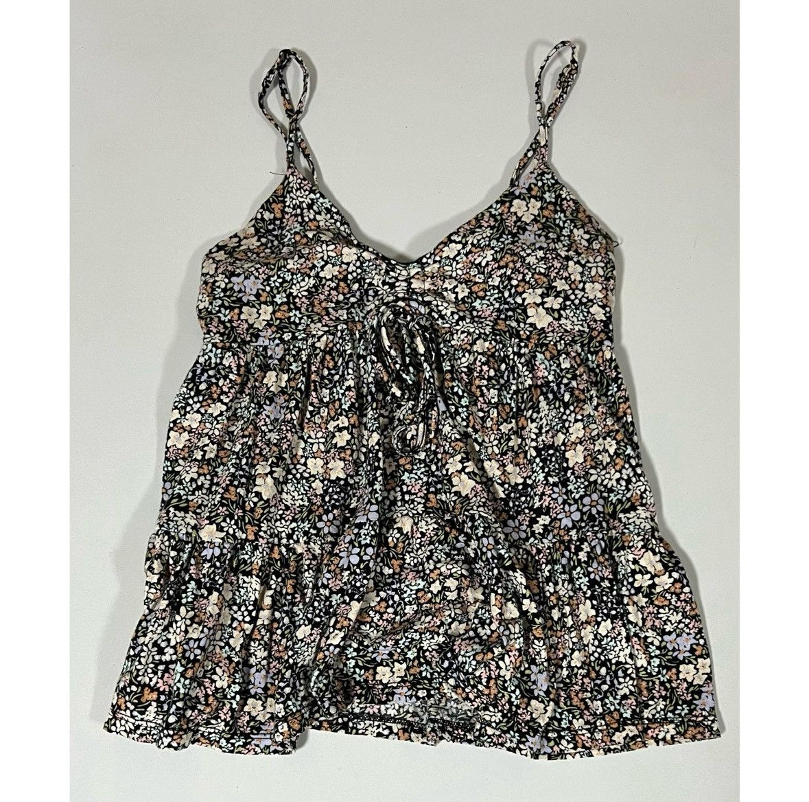 Vintage Black Ditzy Floral Ruched Babydoll Top Shirt Blouse XS 🪻✨ Size XS / US 0-2 / IT 36-38 - 1 Thumbnail