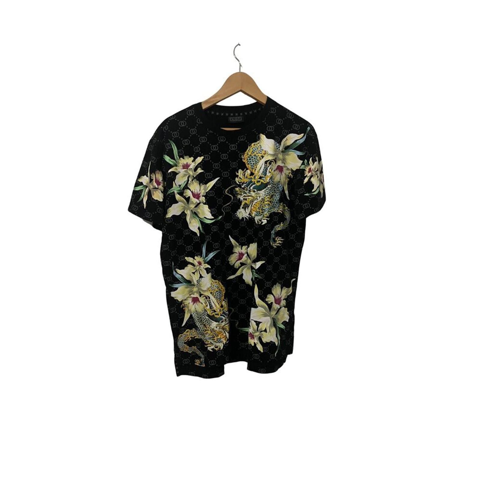 Kris Van Assche KRISP Designer T-Shirt Black with Golden Dragon & Lily Print Size US L / EU 52-54 / 3 - 2 Thumbnail