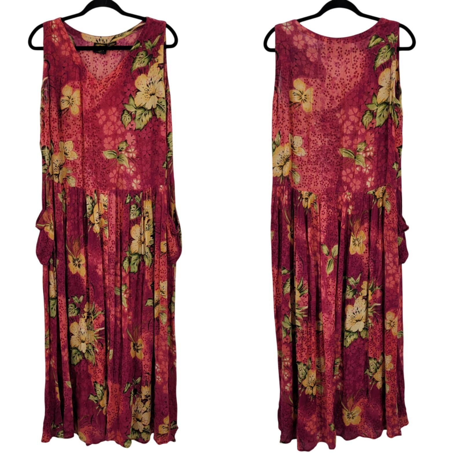 Vintage Vtg BILA Womens Pink Floral Crinkle Drop Waist Maxi Dress Sz Size L / US 10 / IT 46 - 1 Thumbnail