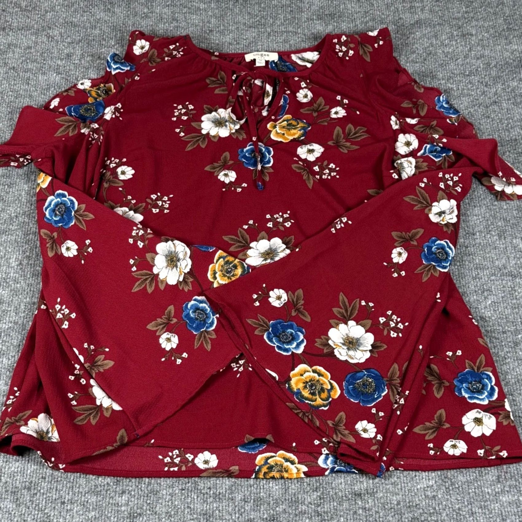 Bell UMGEE Anthropology Blouse M Red Cold Shoulder Bell Sleeve Boho Floral Tunic Womens Size M / US 6-8 / IT 42-44 - 2 Thumbnail
