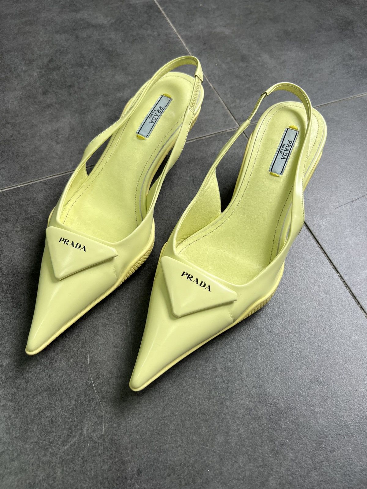 Prada RAF Simons Prada Green Patent Pointed Toe Slingback Pumps Size US 7 / IT 37 - 1 Thumbnail