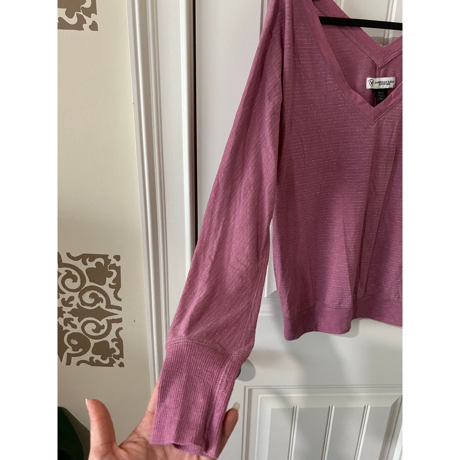 American Eagle Outfitters Light Thin Shirt Pink XS V-Neck silver trim Striped Size XS / US 0-2 / IT 36-38 - 9 Thumbnail