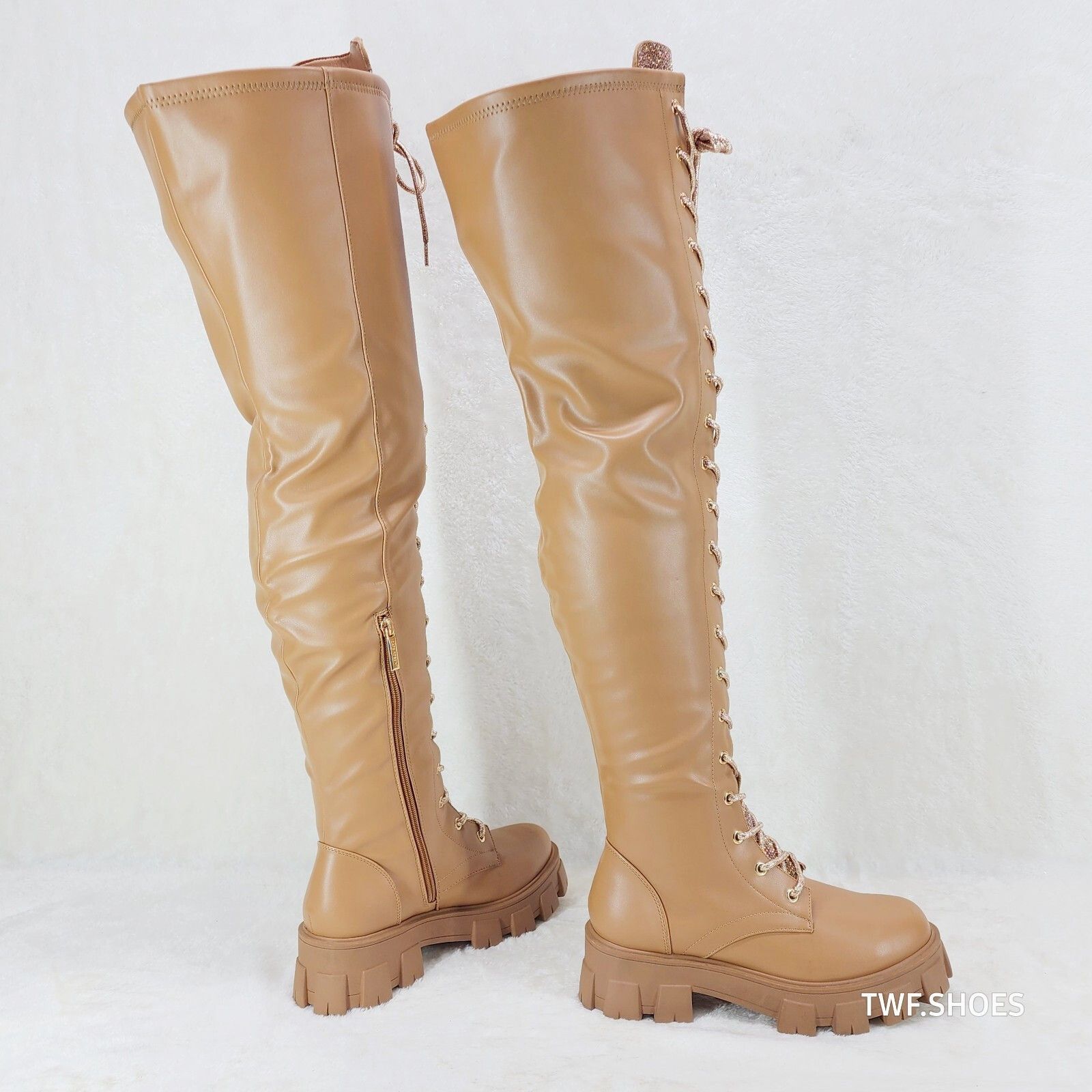 Other Roscoe Rose Gold Tan Combat Thigh High Boots Rose Gold Rhine Size US 7 / IT 37 - 2 Thumbnail