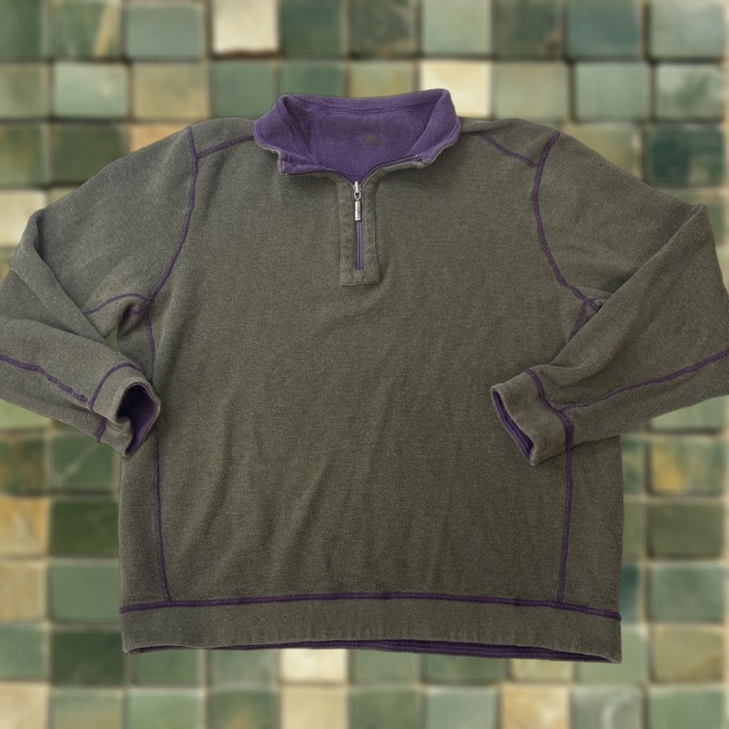 Tommy Bahama VINTAGE Tommy Bahama Sweatshirt 1/4 Zip Pullover Mens Purple Green Reversible 2XL - 100% Cotton Blend Knit Mock Neck Long Sleeve Sweater Shirt Size US XXL / EU 58 / 5 - 1 Thumbnail