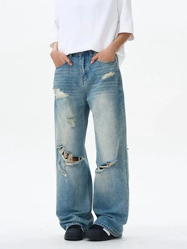 Japanese Brand Kei Men's high street trend ripped distressed straight jeans Size US 32 / EU 48 - 6 Thumbnail