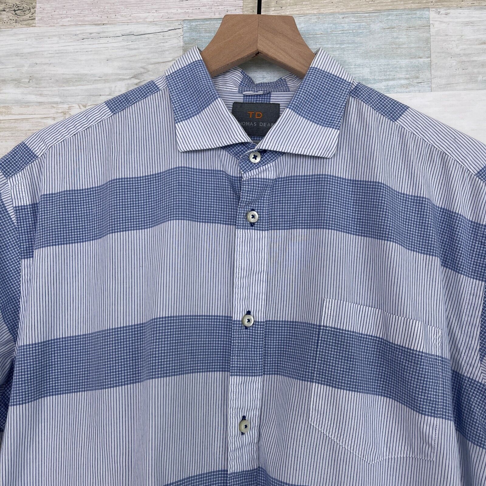 Thomas Dean Thomas Dean Plaid Short Shirt Blue Spread Collar Mens L Size US L / EU 52-54 / 3 - 2 Thumbnail