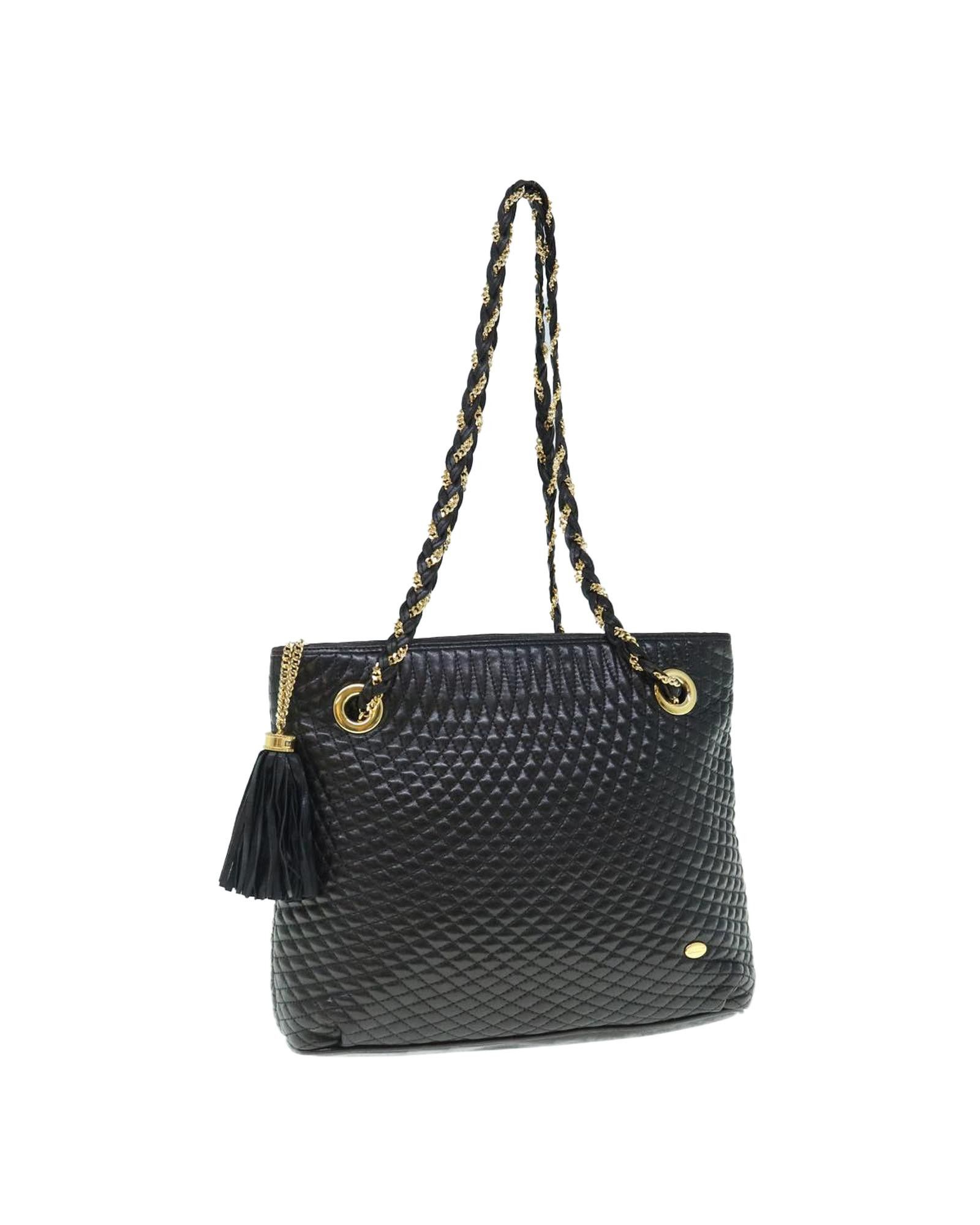 image of Bally Matelasse Black Leather Shoulder Bag, Women's