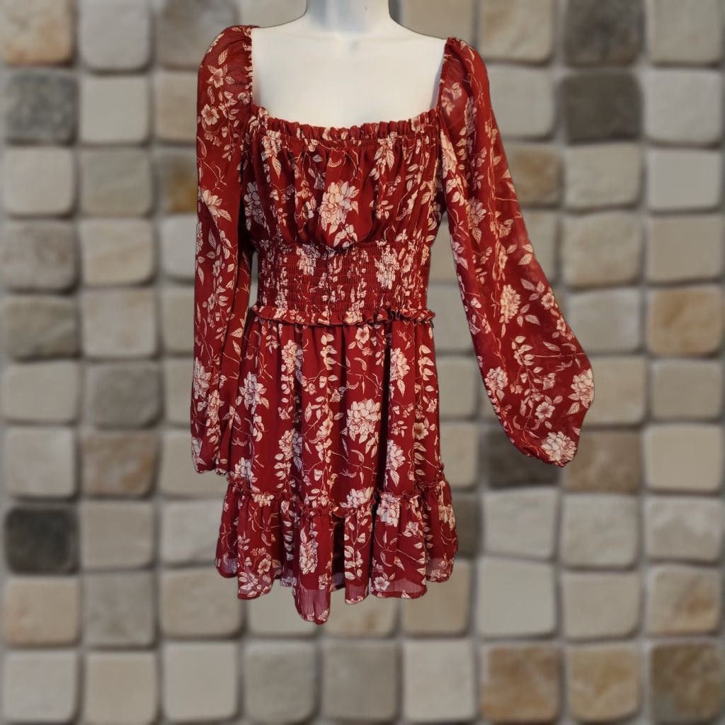Vintage Trixxi Red Floral Smocked Waist A-Line Mini Dress Hippie Boho Sz M Adult Womens Size 32" / US 10 / IT 46 - 1 Thumbnail