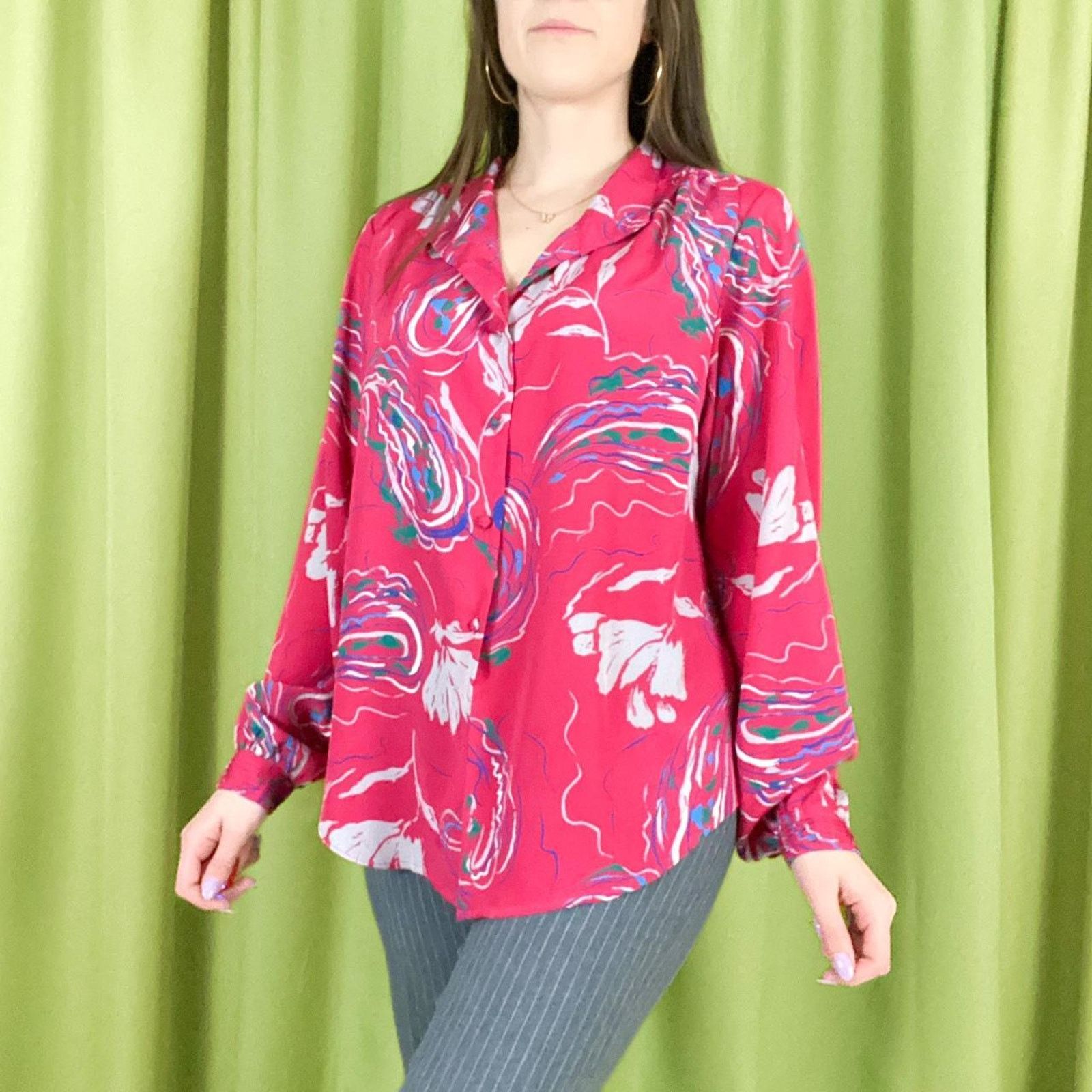 Vintage 80s Vintage Hot Pink and Blue Floral Print Mock Neck Blouse Size L / US 10 / IT 46 - 3 Thumbnail