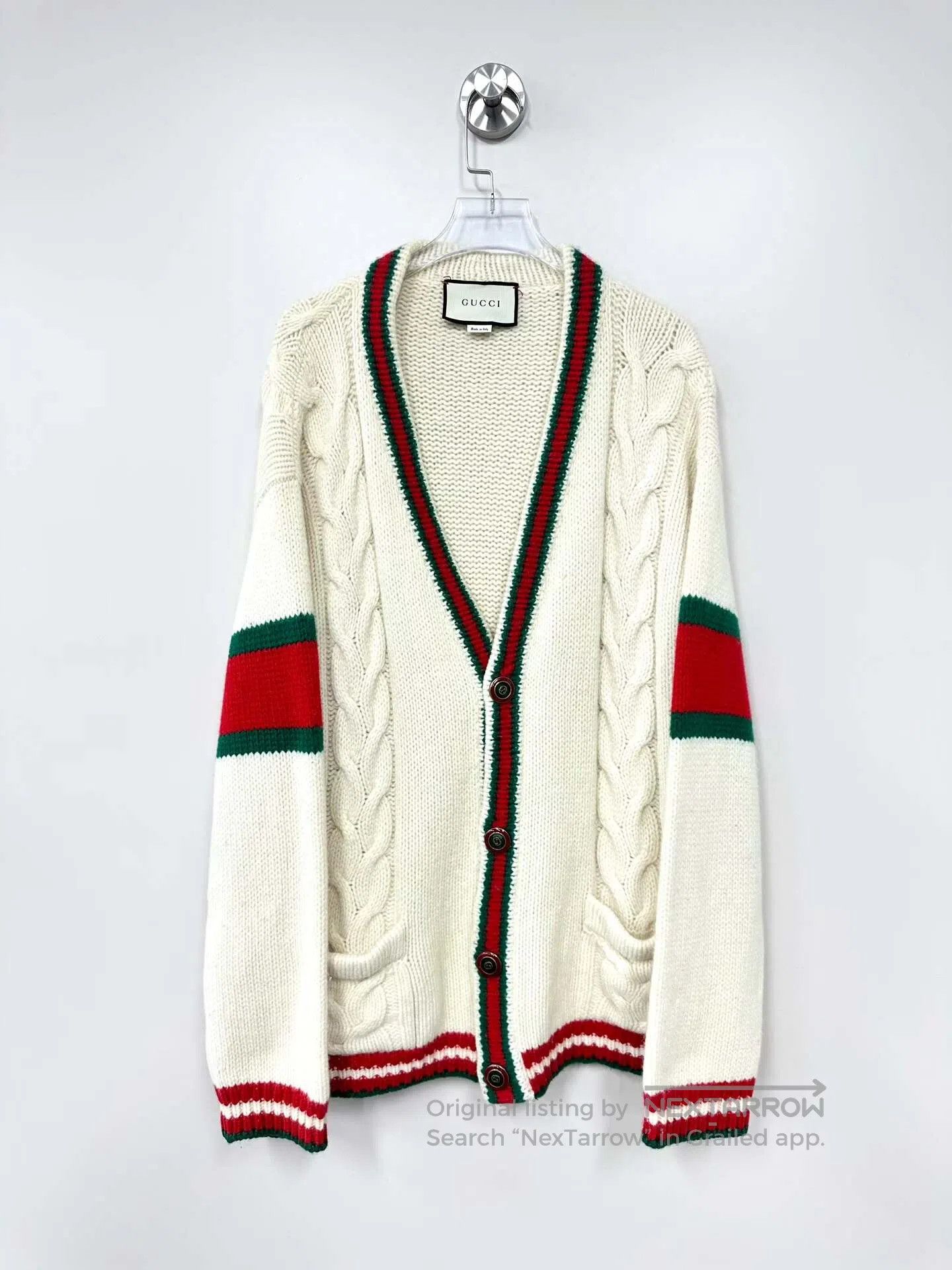 Gucci Guicci Beige Red and Green Striped Knit Cardigan| Size L / US 10 / IT 46 - 1 Thumbnail