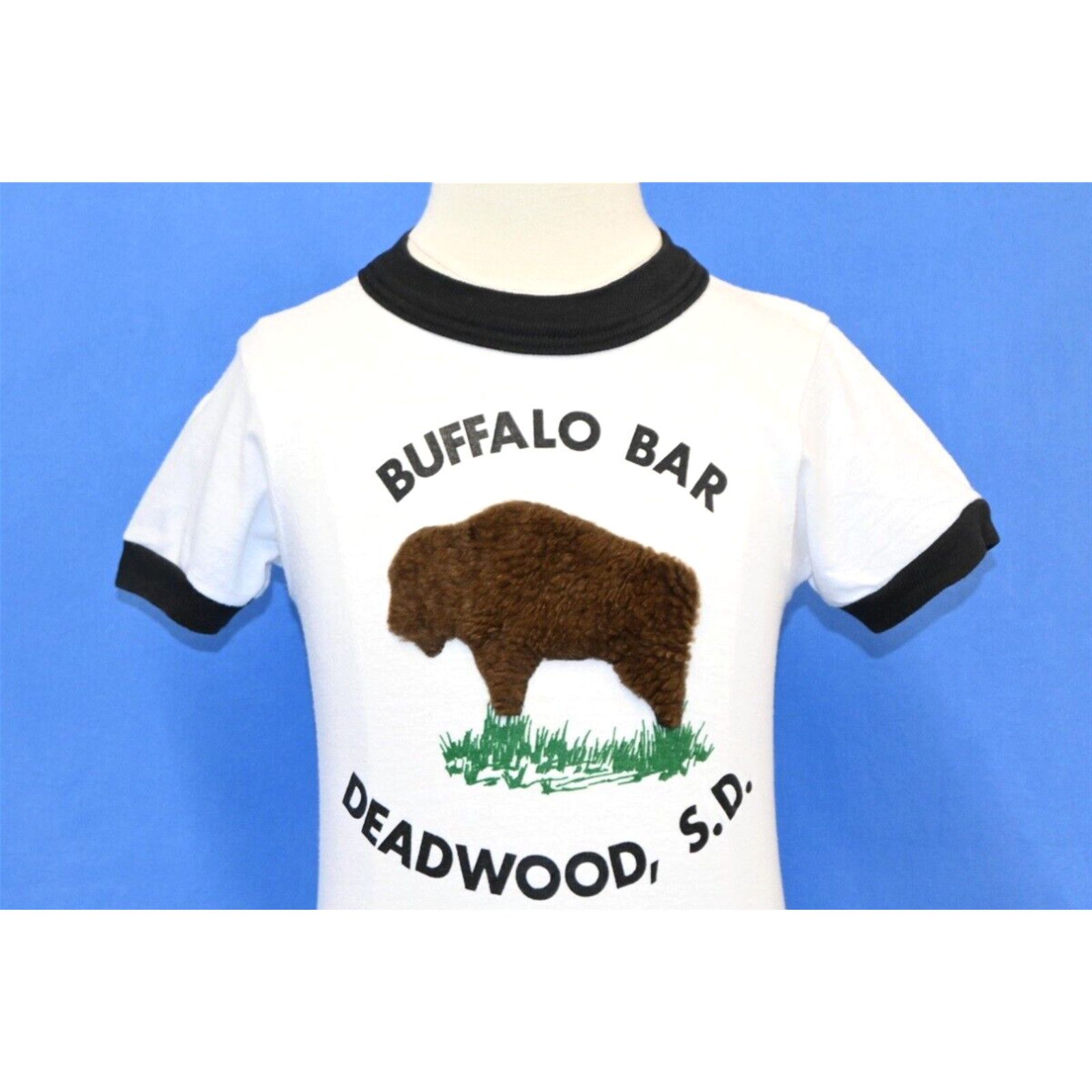 Image of Vintage 80's Buffalo Saloon & Steakhouse Deadwood Sd Ringer T-Shirt Youth Small S in White, Men's