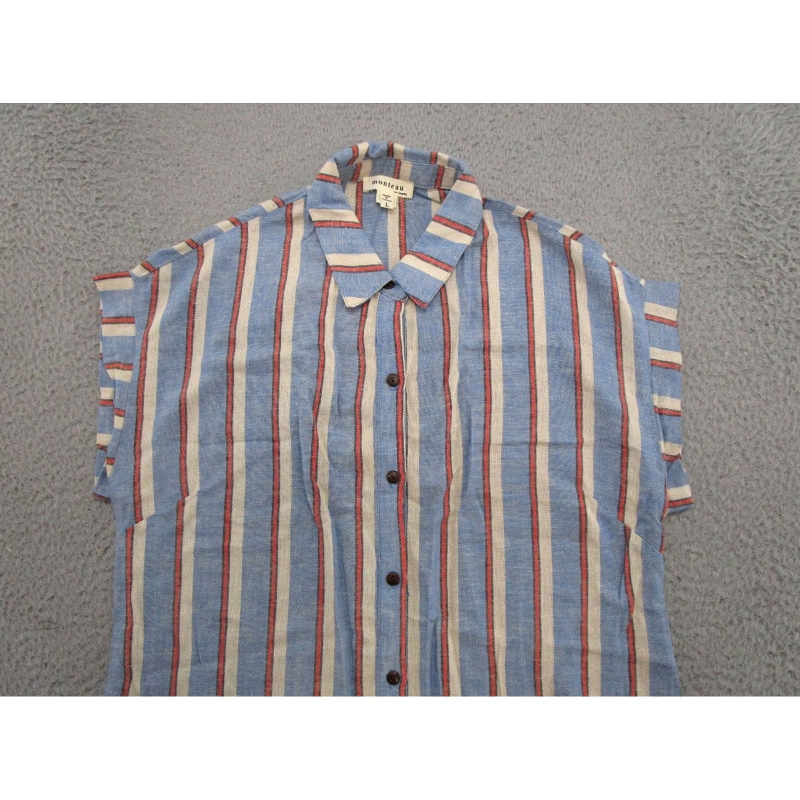 Vintage Monteau Shirt Dress Blue Striped Pockets Midi Linen Blend Size L Women’s Size L / US 10 / IT 46 - 3 Thumbnail