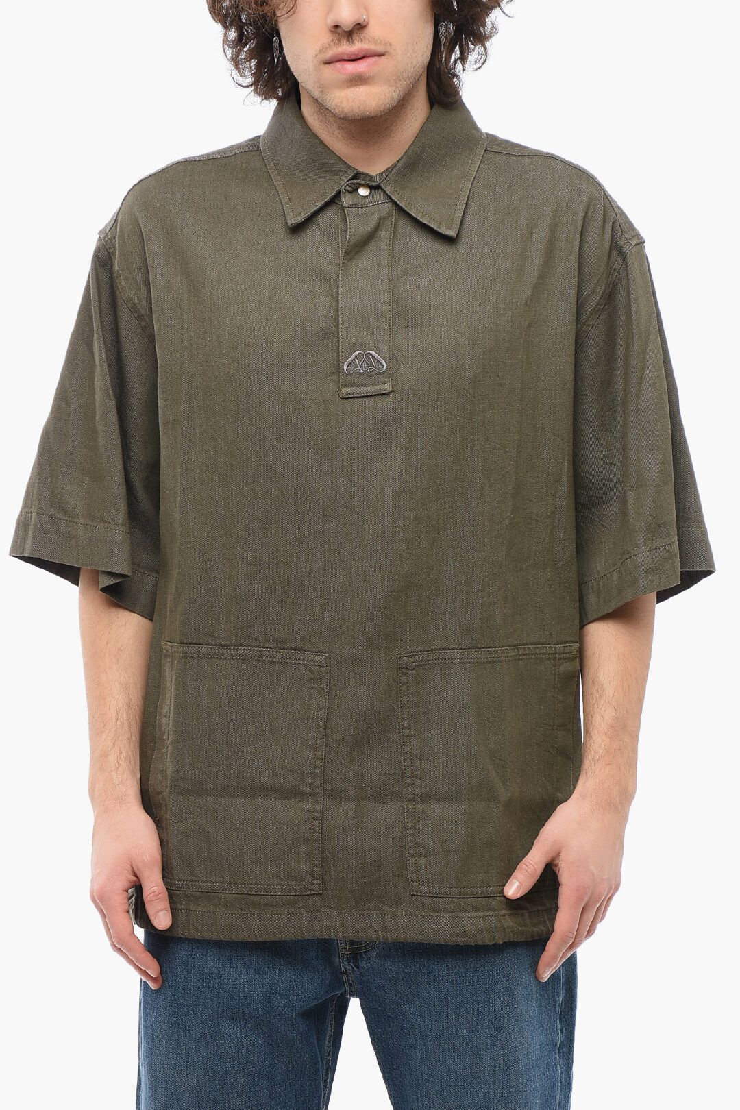 Alexander McQueen og1mm0925 Short-sleeved Cotton Shirt in Military Green Size US M / EU 48-50 / 2 - 1 Thumbnail