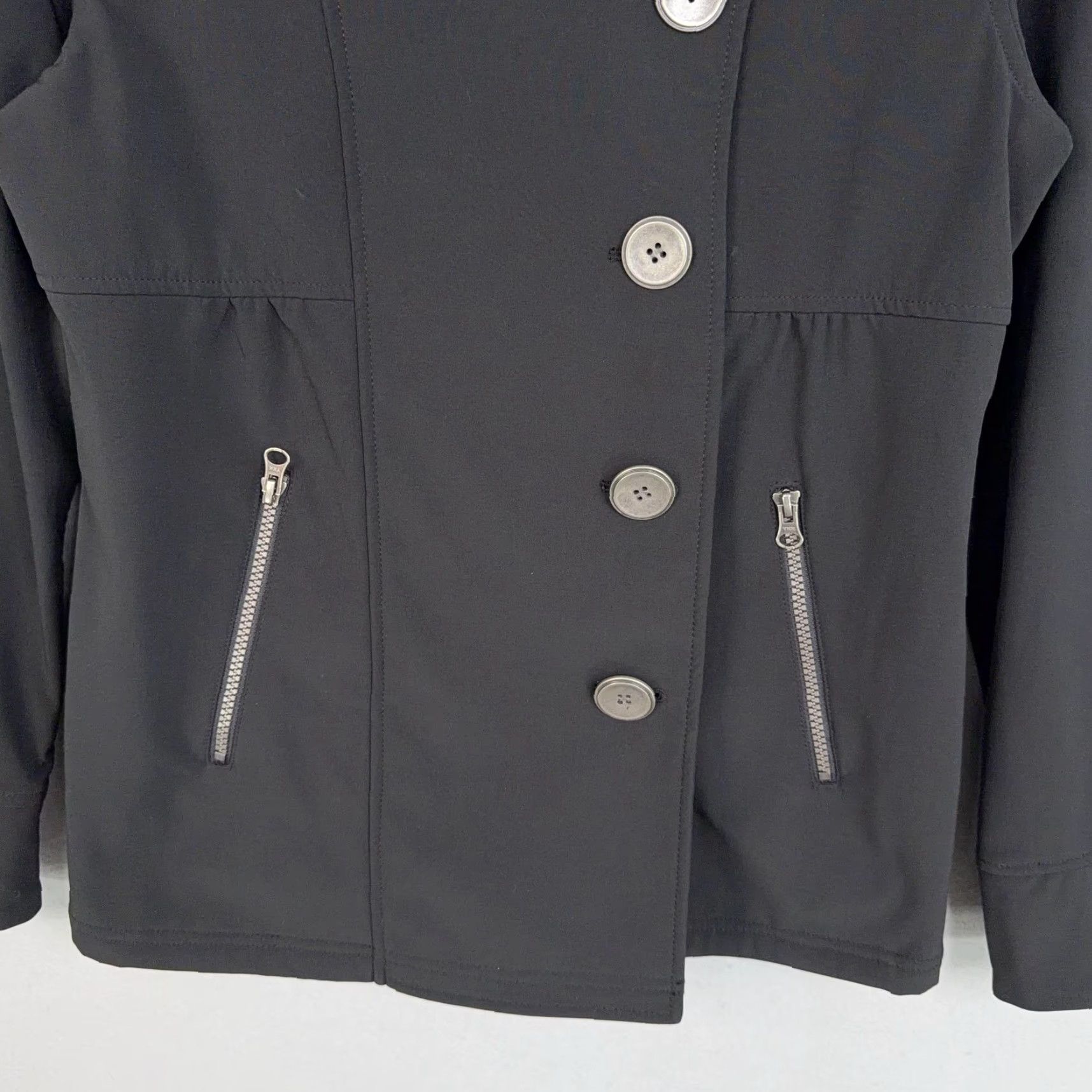 Prana VINTAGE PrAna Jacket Womens Medium Black Softshell Asymmetrical Button Zip Pockets Coat Size M / US 6-8 / IT 42-44 - 3 Thumbnail