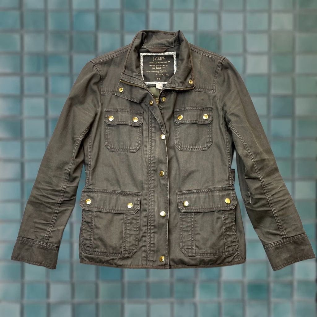 J.Crew J.CREW Military Jacket Womens Petite Medium Green Waxed Cotton With Zipper Pockets Full Zip Casual Workwear Field Coat Size M / US 6-8 / IT 42-44 - 1 Thumbnail
