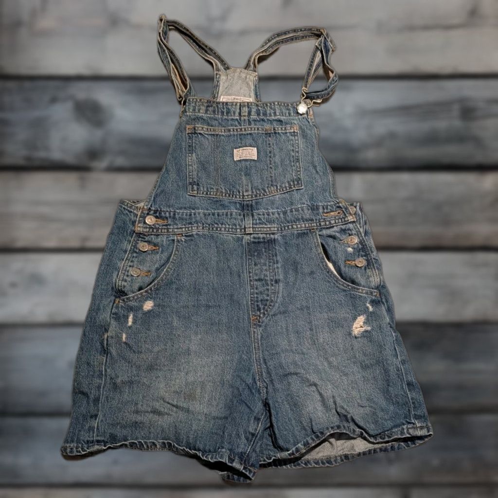 VINTAGE Levi's Bib Overalls Shorts One-Piece Distressed 52333 Women's Size Small Blue Horse Casual Denim 5-in Inseam Womens